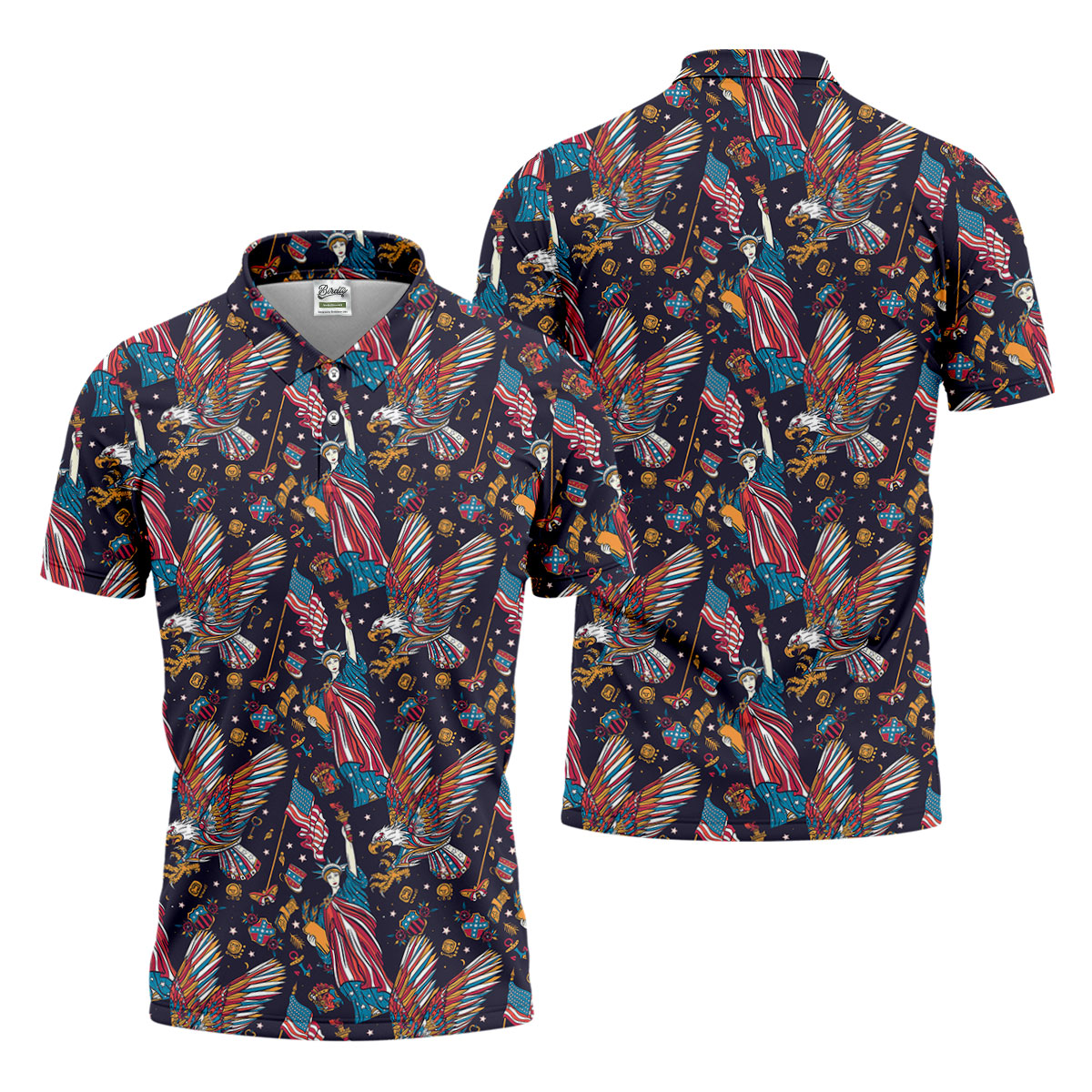 Patriotic American Eagle With Flag Statue Of Liberty Pattern 250th Anniversary Golf Shirts For Men
