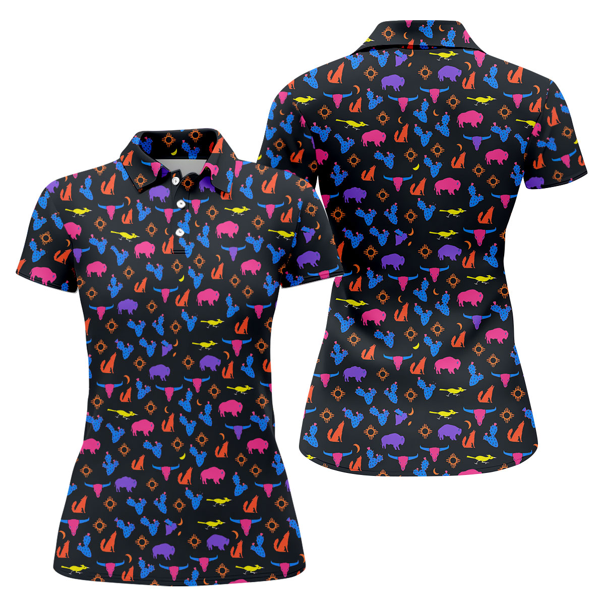 Neon Desert Cactus Buffalo Hawaiian Golf Shirt, Golf Polo For Women, Printed Golf Shirt