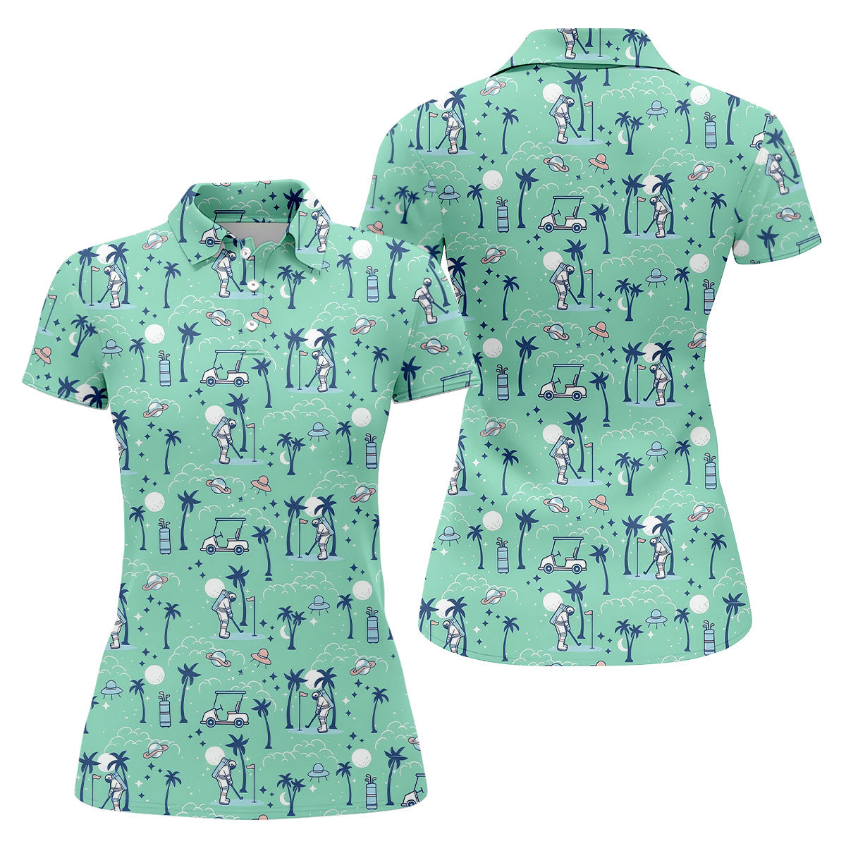 Astronaut Golfing Space Themed Tropical Golf Shirt, Women's Golf Tops, Ladies Golf Shirt