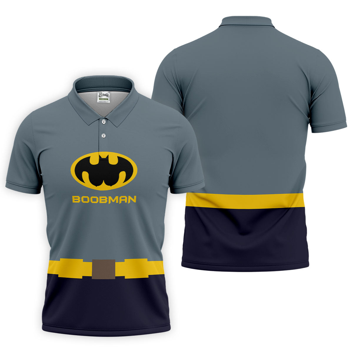 Boobman Comic Hero Logo Belt Golf Polo Shirt, Men's Polo Shirt, Funny Golf Apparel, Performance Golf Shirt