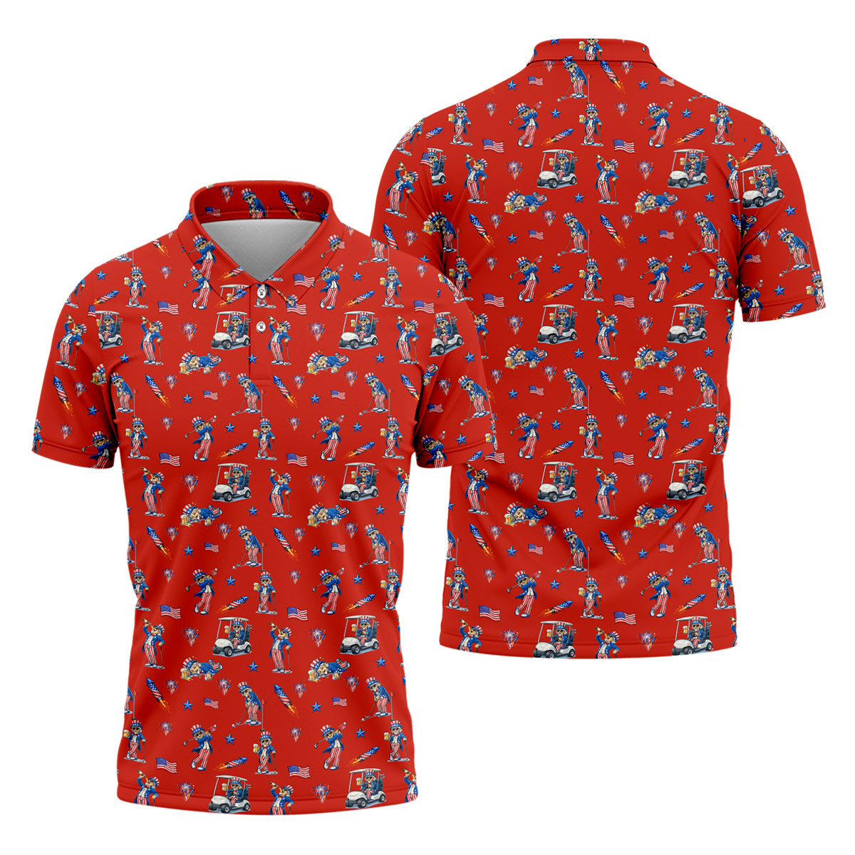 Patriotic Man Golf And Beer Funny 4th Of July Red Golf Shirt, 250 Years Seamless Pattern Golf Shirts For Men