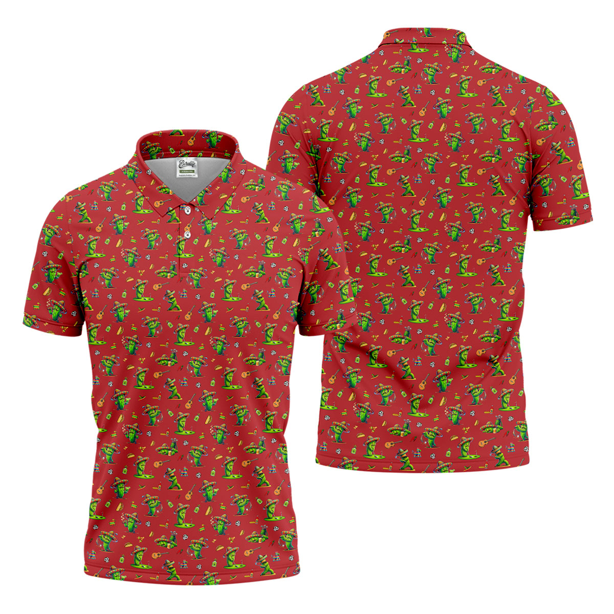 Cartoon Mustach Funny Cactus Cinco De Mayo Celebration Fiesta Themed Red Golf Shirts For Men