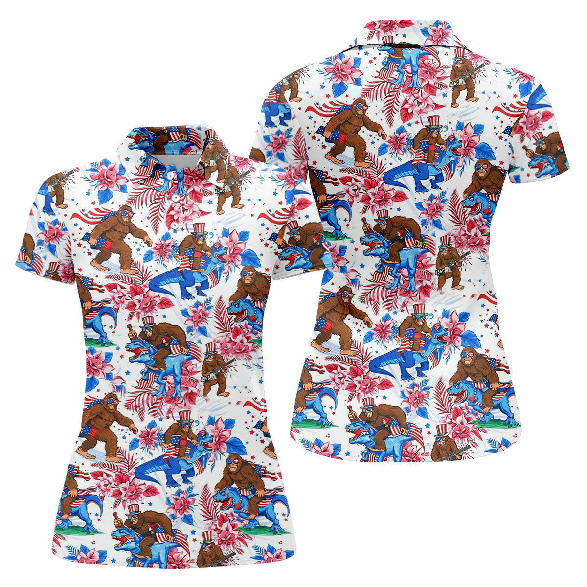 American Flag Patriotic Pride Funny Bigfoot Hawaiian Golf Shirt, 250th Anniversary Women's Golf Tops