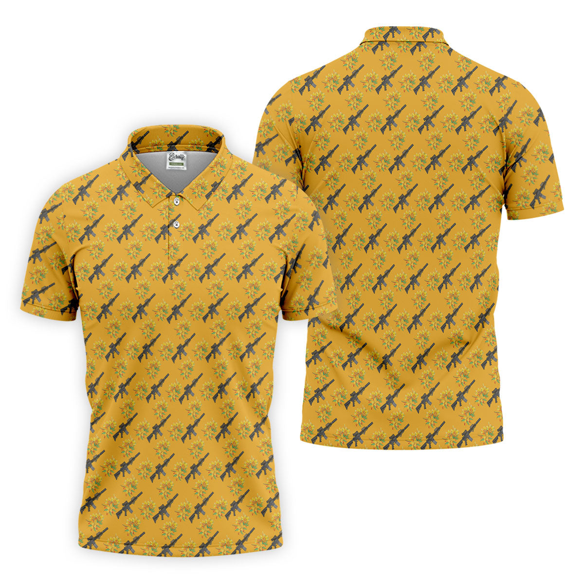 Gun And Flower Yellow Lily Flower Seamless Pattern Yellow Golf Shirt, Golf Tops For Men, Golf Shirts For Men