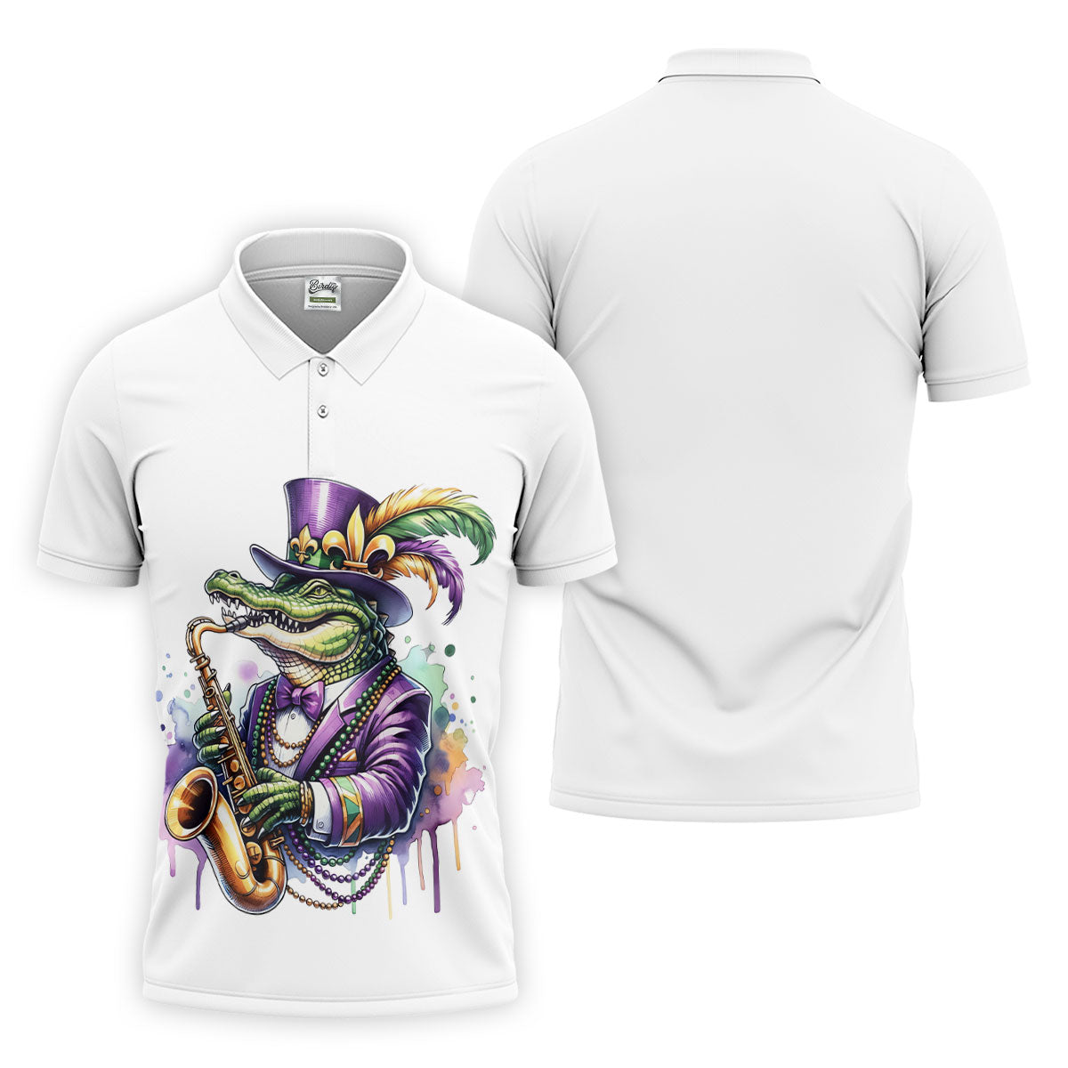 Mardi Gras Alligator Playing Saxophone White Golf Shirt, Golf Shirts For Men, Polo Shirt Men
