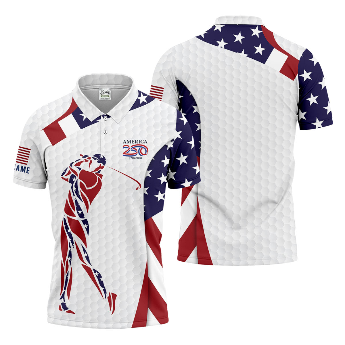 America 250 Golfer Pose Golf Ball Pattern 4th Of July Golf Shirt, Patriotic Golf Shirt, Golf Shirts For Men