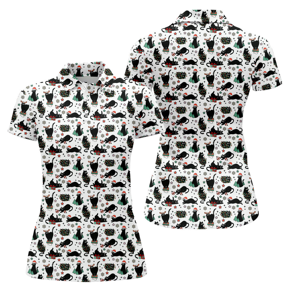Xmas Black Cat Women's Golf Shirts, Ladies Golf Tops, Golf Gifts For Women, Christmas Golf Shirt