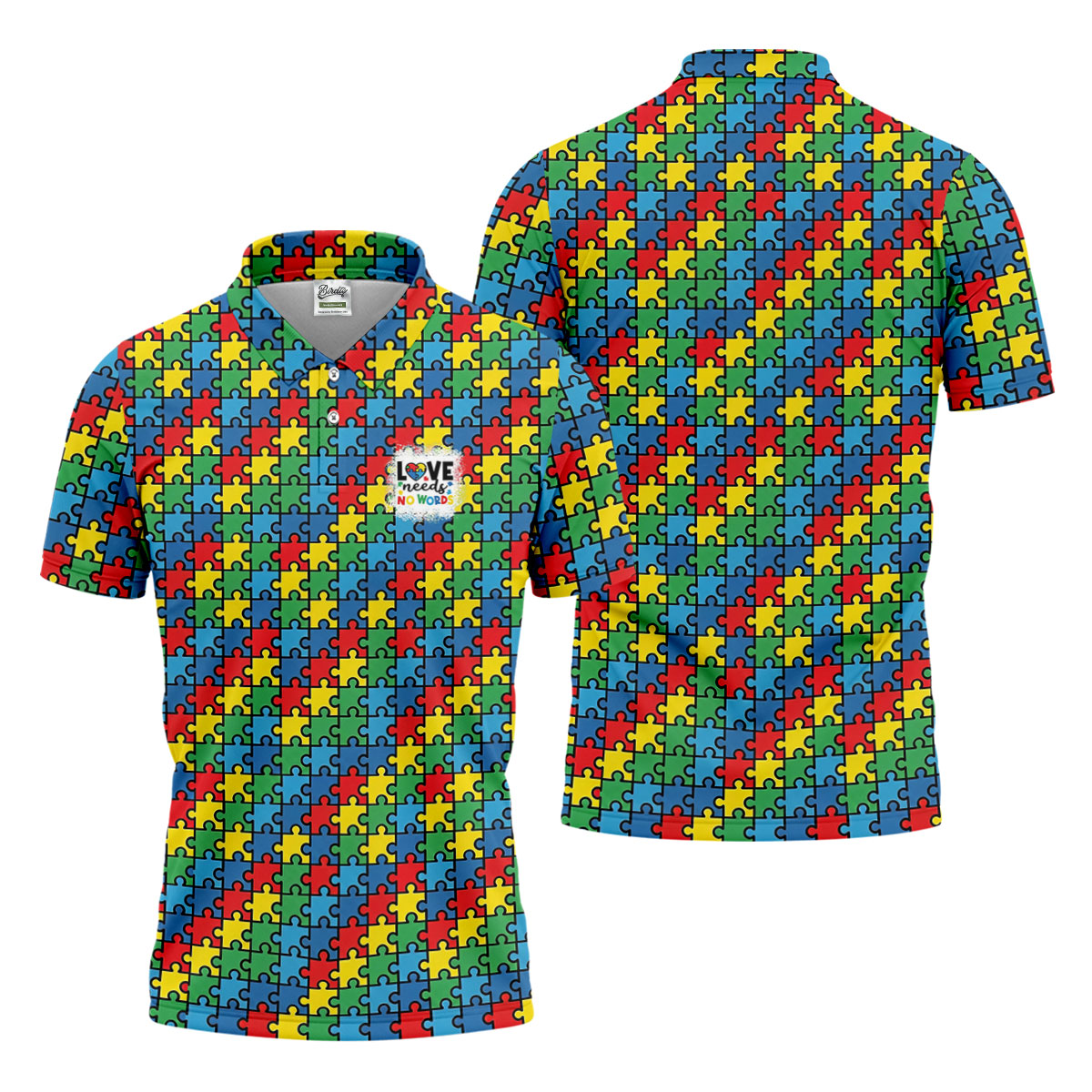 Love Needs No Words Autism Awareness Jigsaw Puzzle Pieces Men's Golf Shirt, Polo Shirt Men