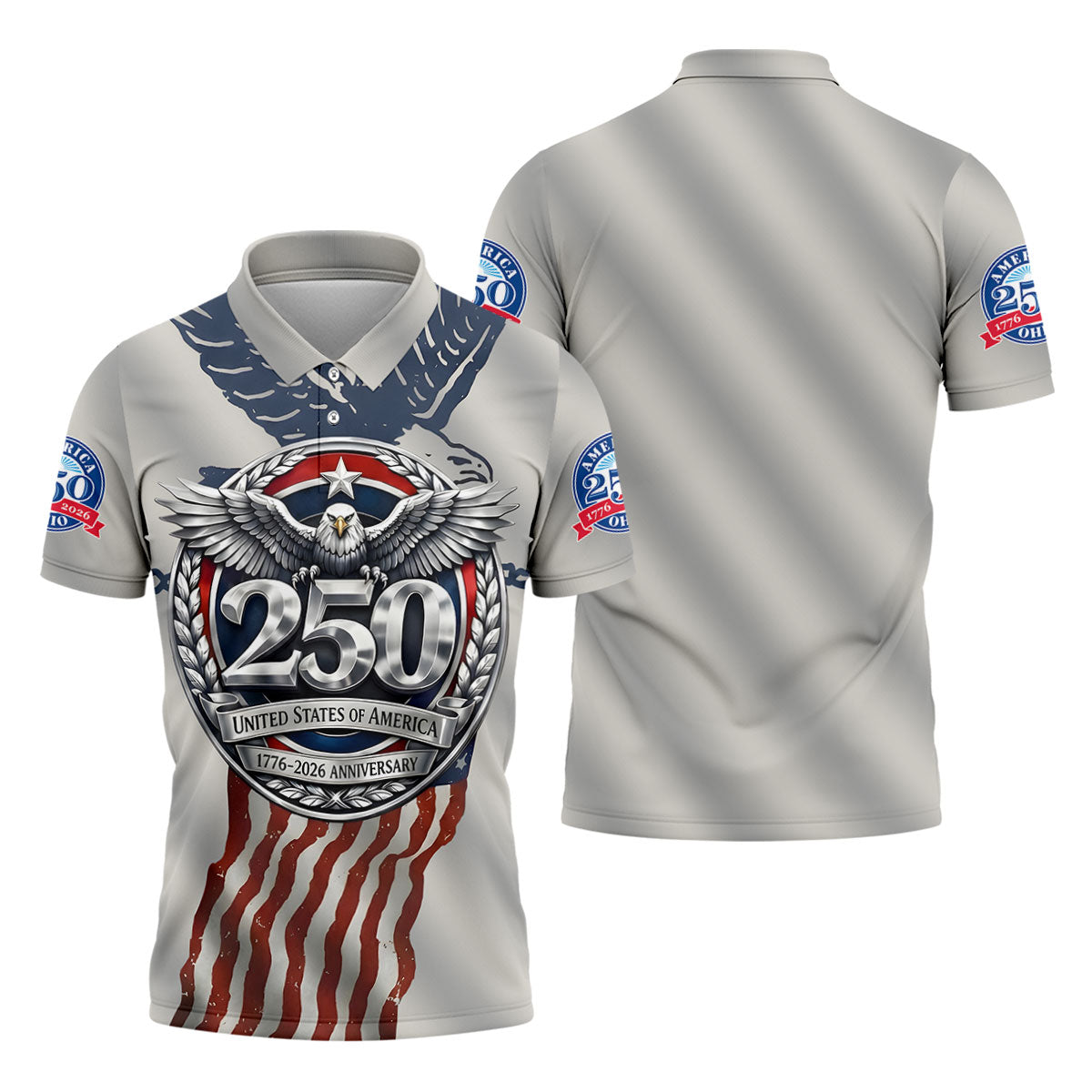 250 US 1776-2026 Anniversary Silver Print Golf Tops For Men, Patriotic 4th Of July Golf Shirts For Men