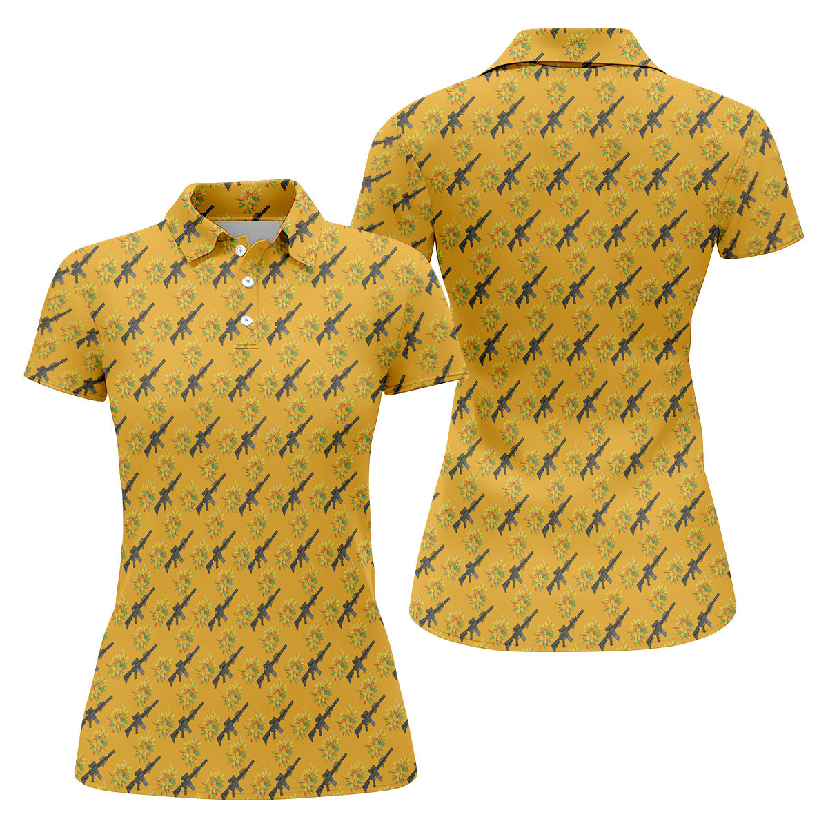 Gun And Flower Yellow Lily Flower Seamless Pattern Yellow Golf Shirt, Women's Golf Tops, Ladies Golf Shirt