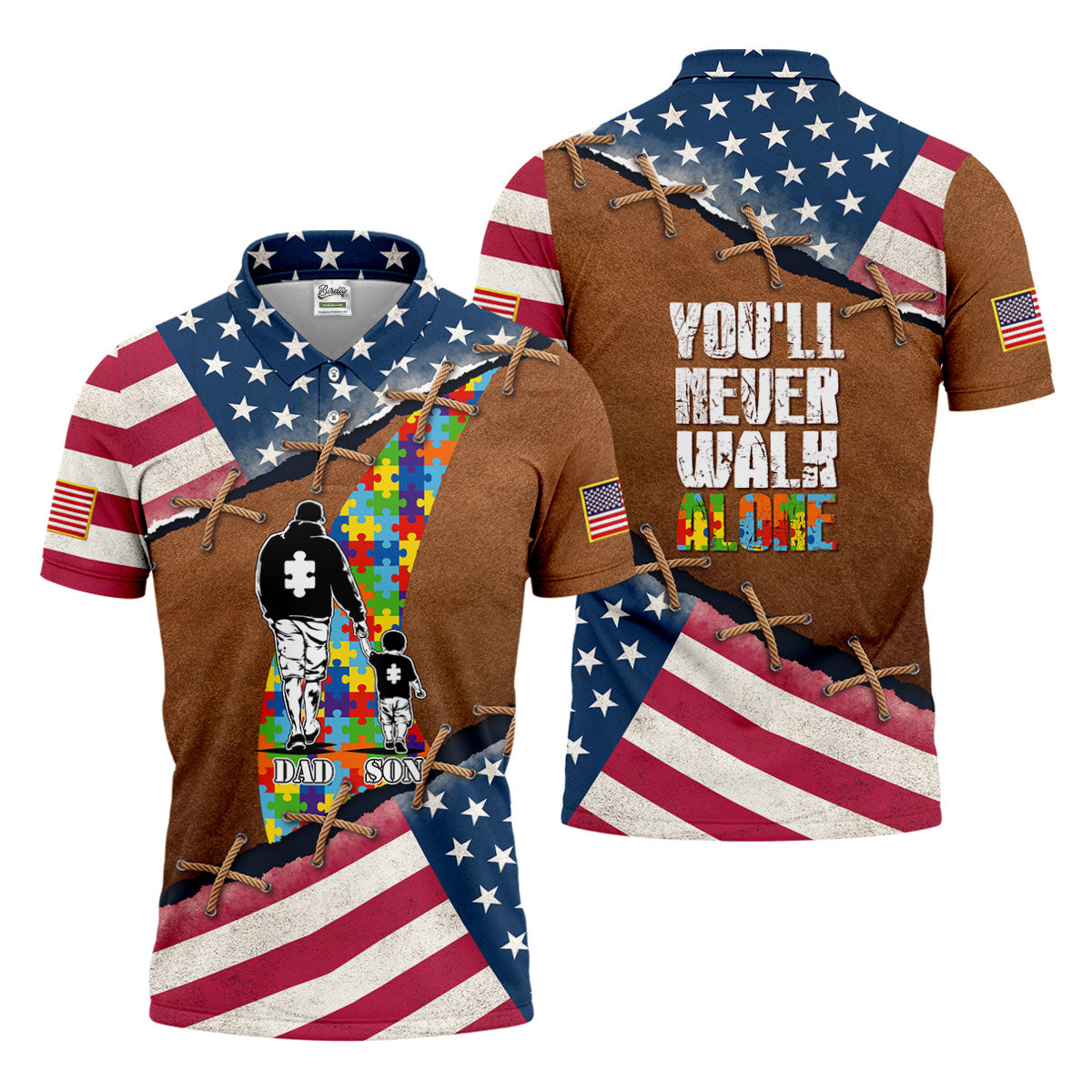 You'll Never Walk Alone Autism Awareness Patriotic Golf Shirt, Golf Shirts For Men, Golf Gift For Dad