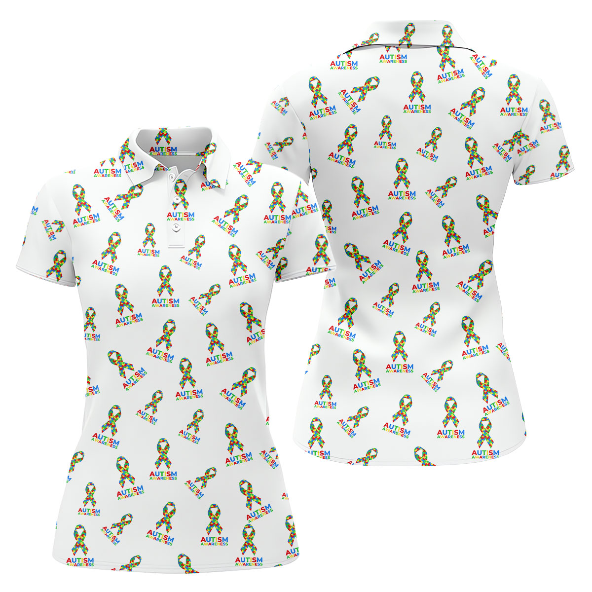 Autism Awareness Colors Autism Ribbon White Golf Shirt, Women's Golf Tops, Ladies Golf Polos