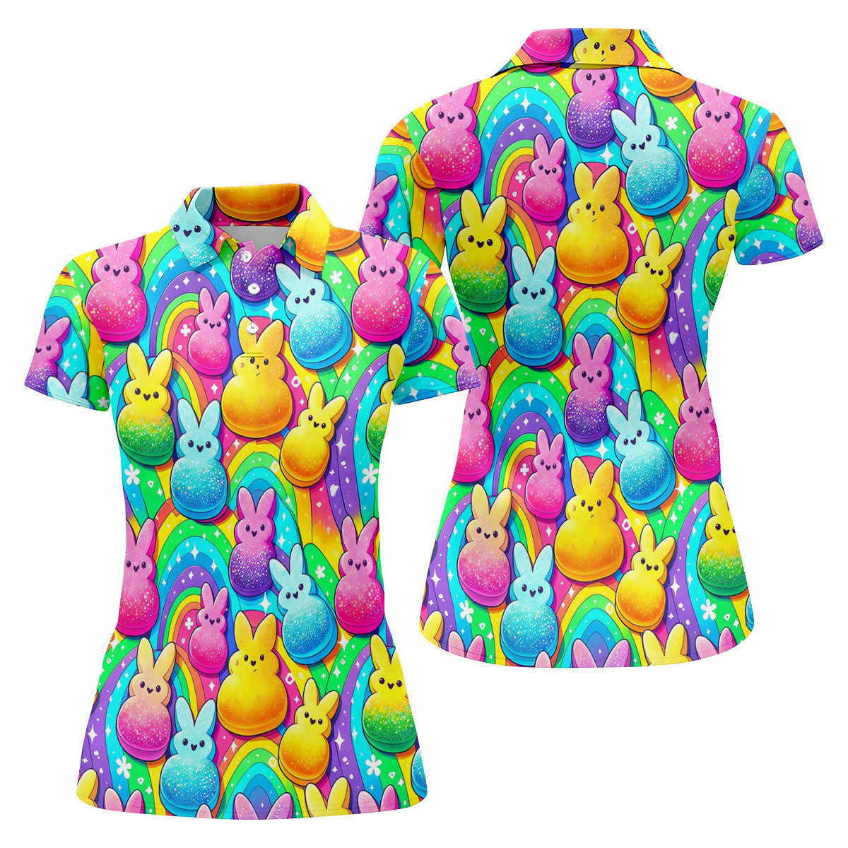 Colorful Easter Peeps Rainbow Pattern Women Golf Top, Cute Golf Outfit, Ladies Golf Shirts