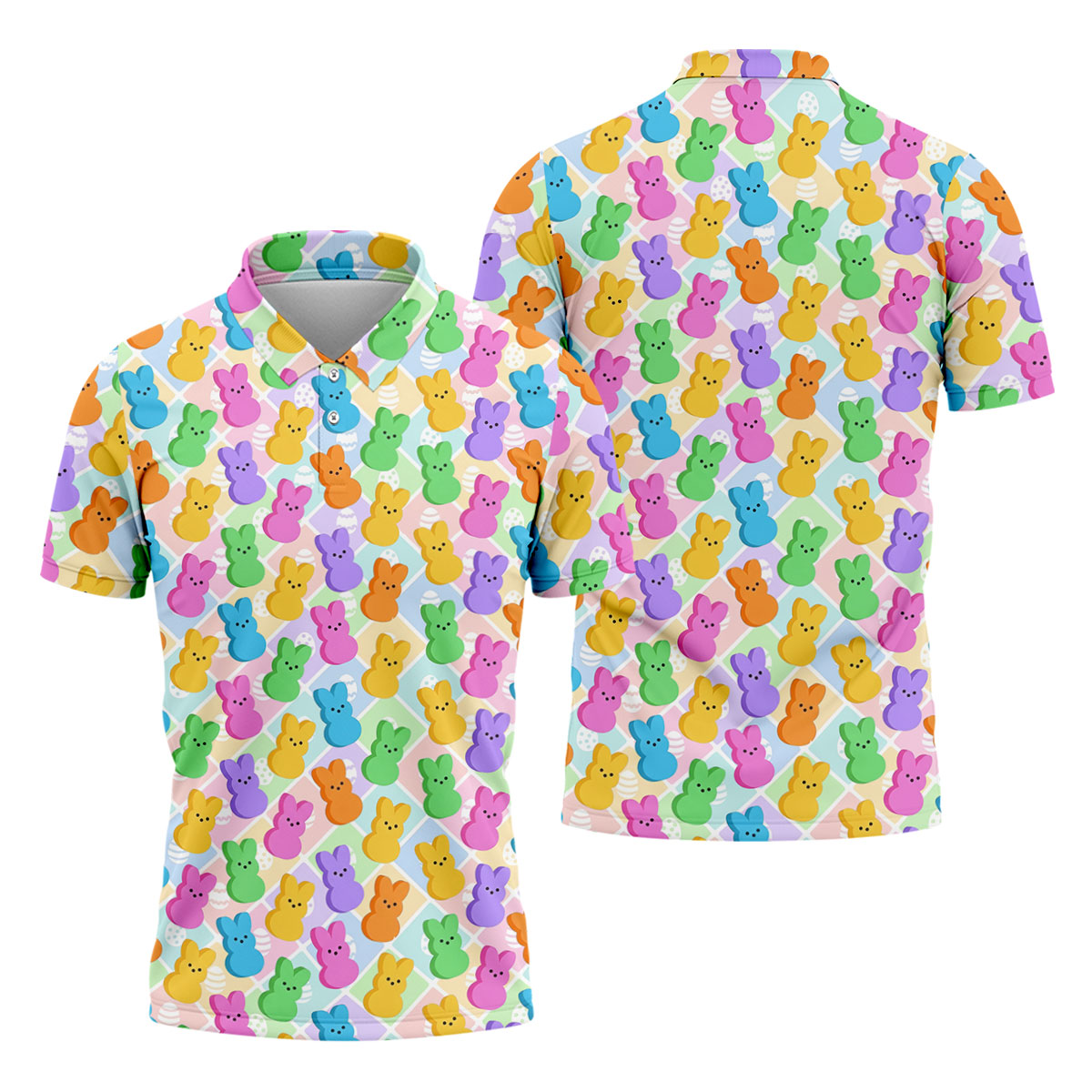Pastel Easter Peeps Colorful Checkered Golf Shirts For Men, Cute Golf Outfit, Polo ShirtFor Men