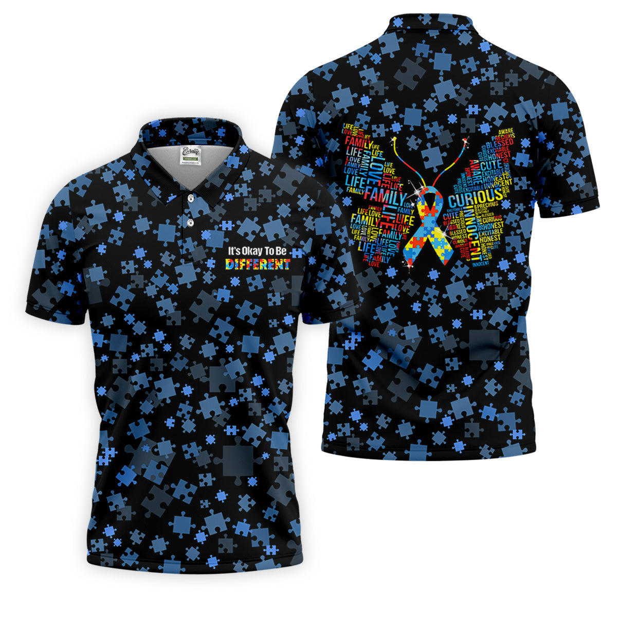 It's Okay To Be Different Autism Awareness Black And Blue Puzzle Pattern Golf Tops For Men, Polo ShirtFor Men