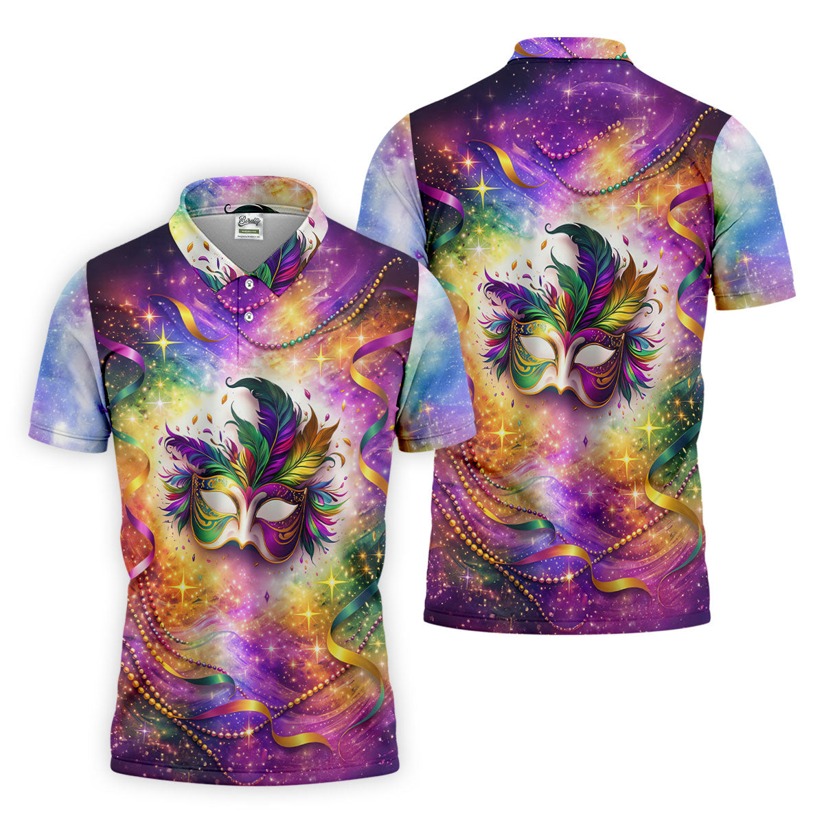 Carnival Mask Feather Print Purple Green Gold Dazzling Effect Mardi Gras Polo ShirtFor Men, Golf Shirts For Men