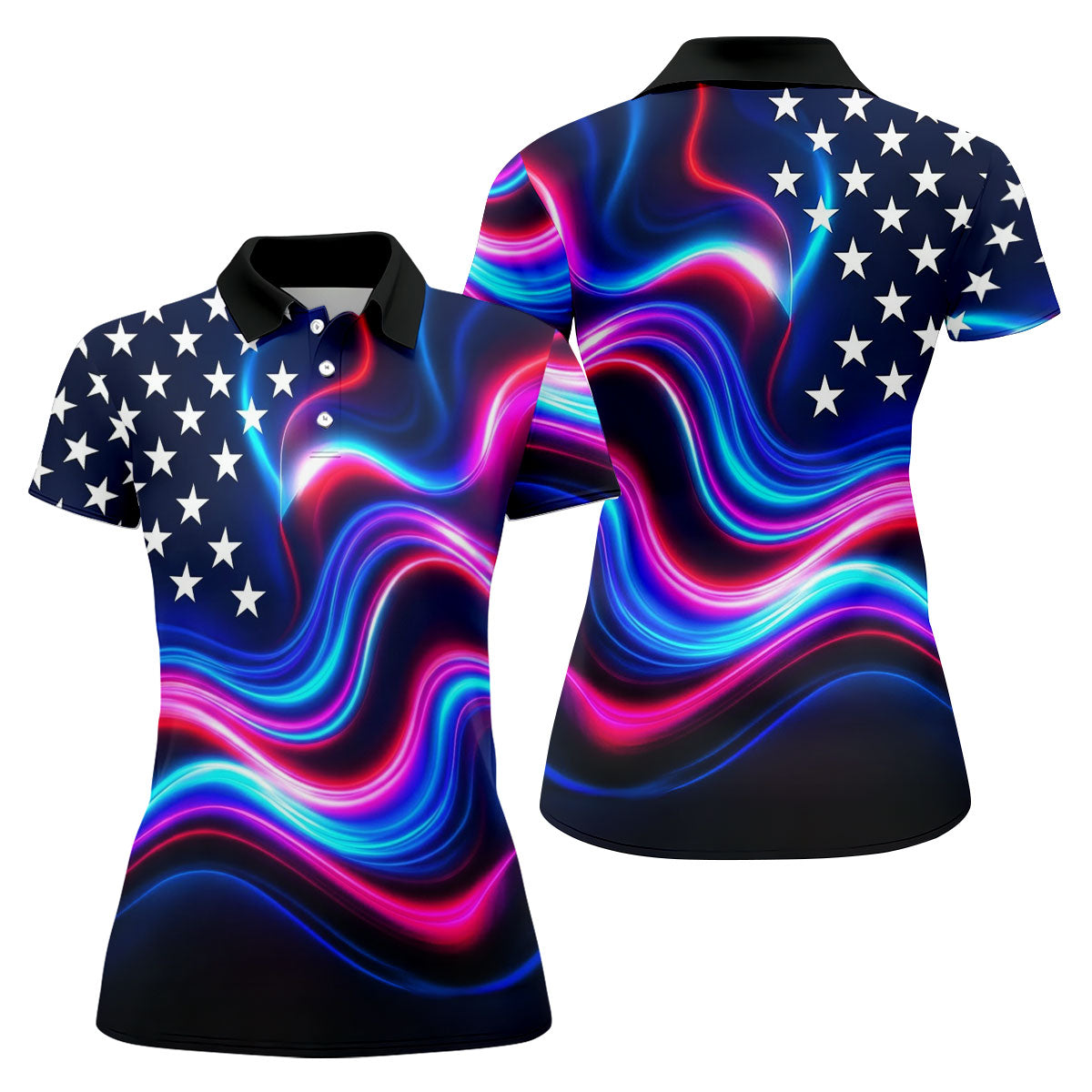 Star Pattern Neon Color Wavy Stripes 250th Anniversary, Patriotic 4th Of July Golf Shirt For Women