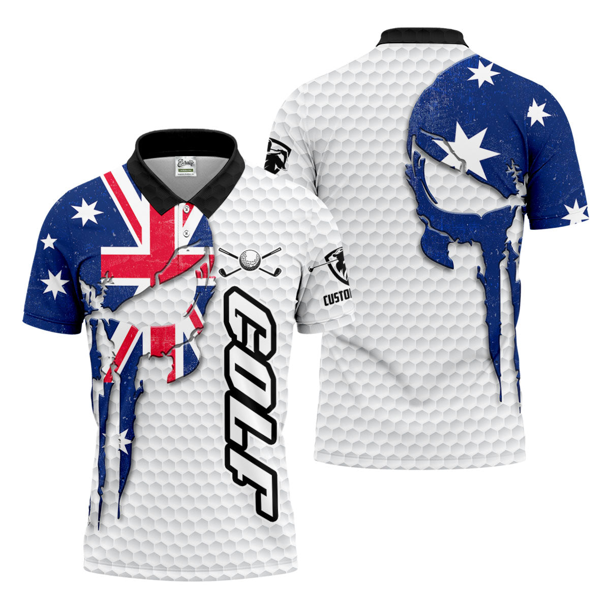 Cool Skull Golf Ball Pattern Australia Flag Print White Golf Shirt, Polo Shirtor Men
