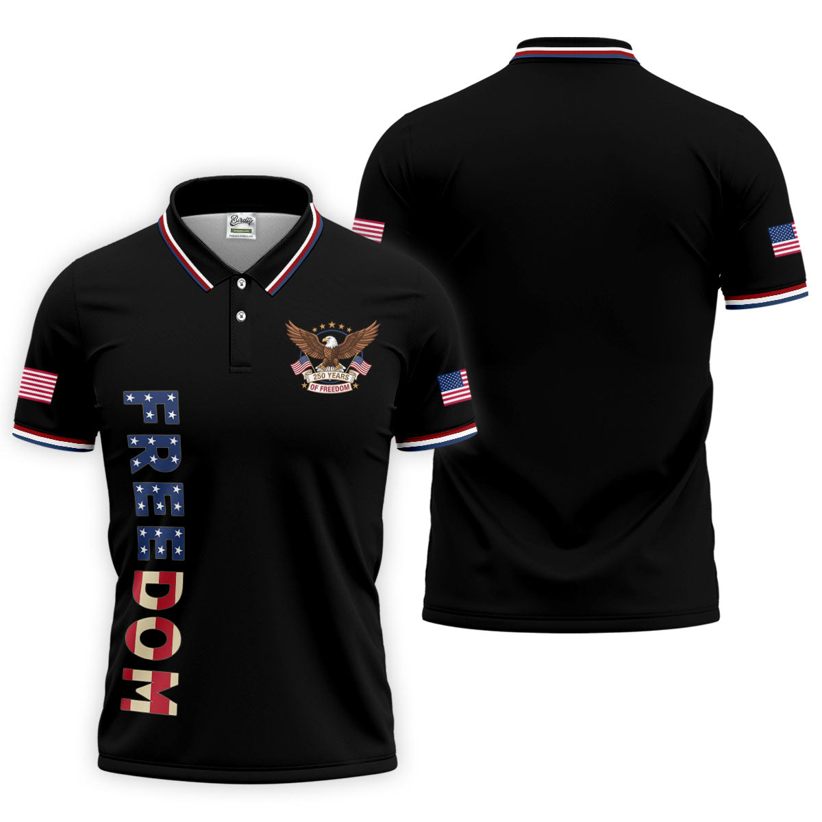 250 Years Of Freedom US Flag Logo Black Golf Shirt, Patriotic 4th Of July Golf Shirts For Men