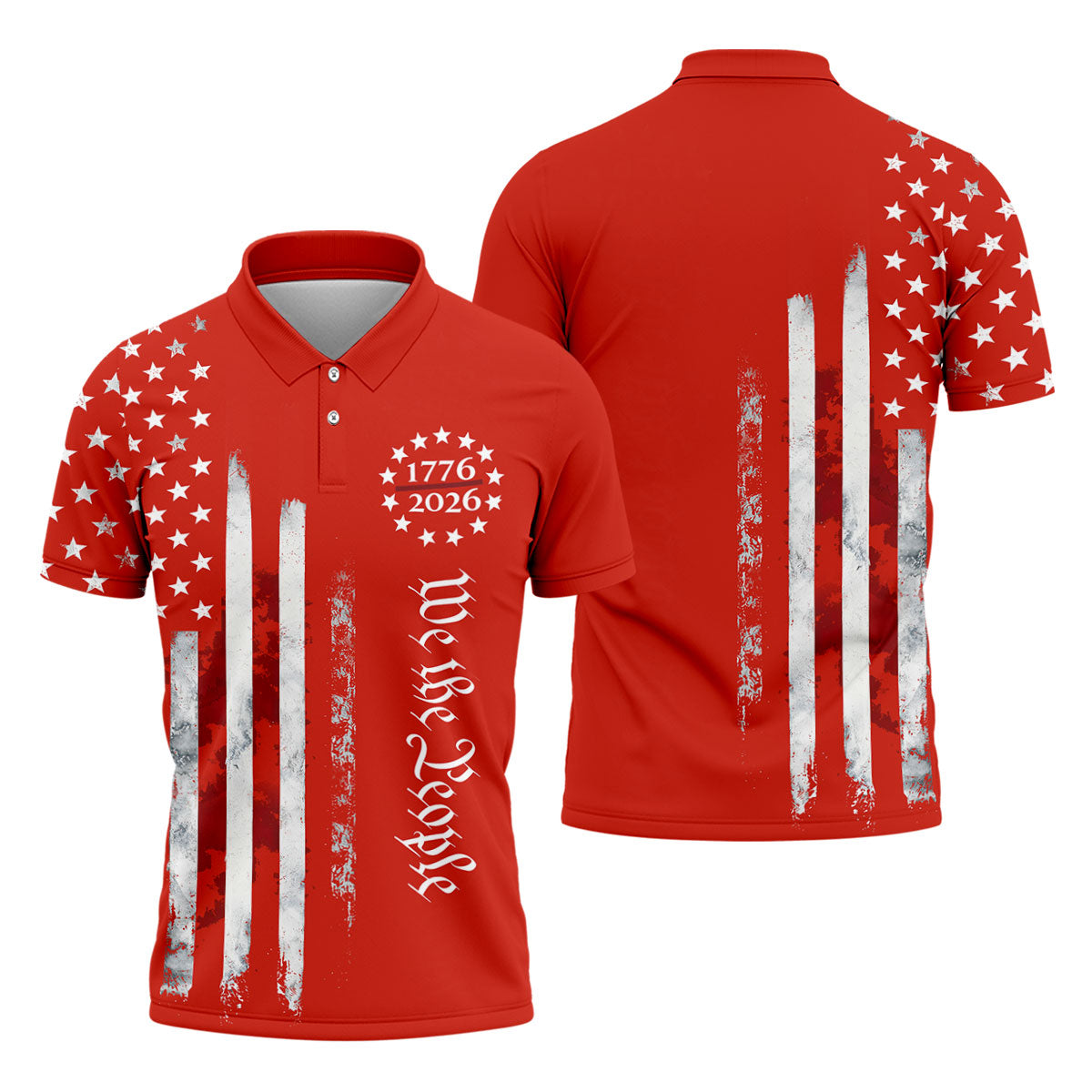 We The People Distressed Flag Patriotic Red Golf Shirt, 250 Years 4th Of July Golf Shirts For Men