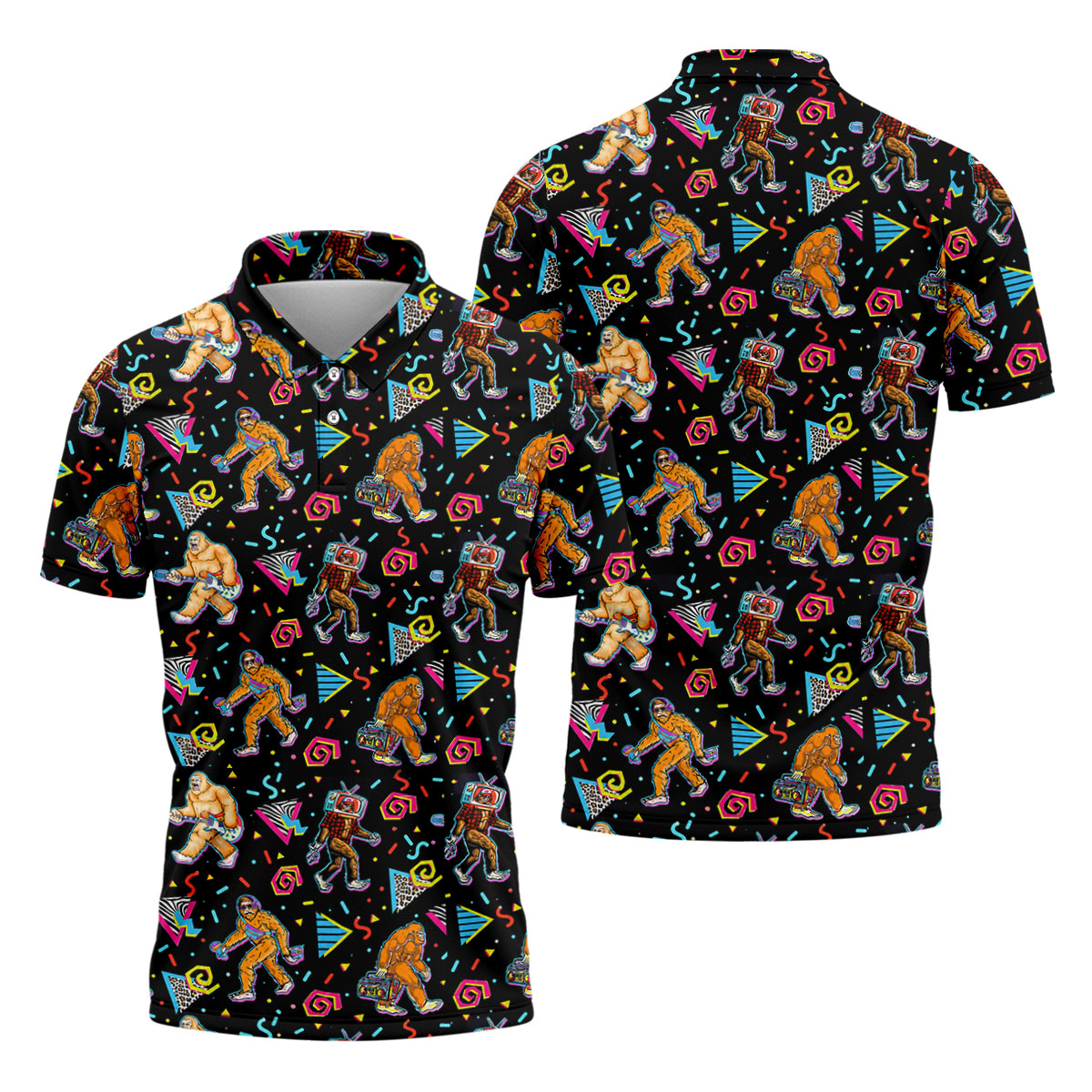 Retro Bigfoot Boombox Pattern Golf Shirt, Men's Golf Shirt, Mens Polo Shirts, Printed Golf Shirts
