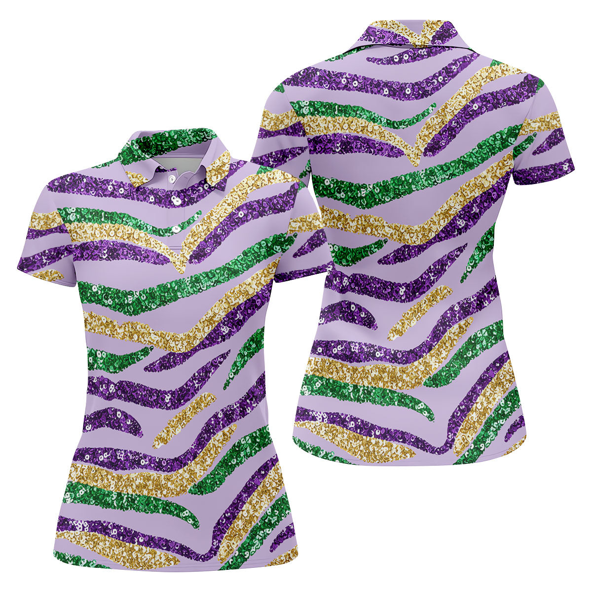 Purple Green Gold Sequin Pattern Light Purple Mardi Gras Golf Shirt, Women's Golf Tops, Ladies Golf Shirts