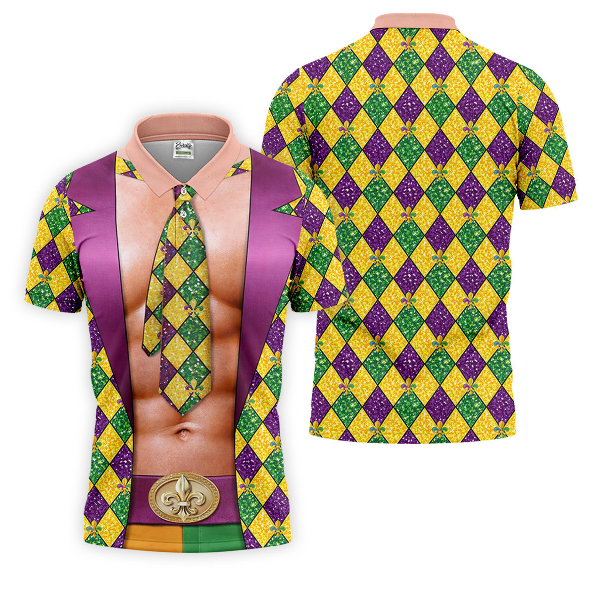 Green Purple Gold Argyle Pattern Fun Suit Mardi Gras Print Golf Shirt, Fun Golf Shirts For Men, Polo For Men