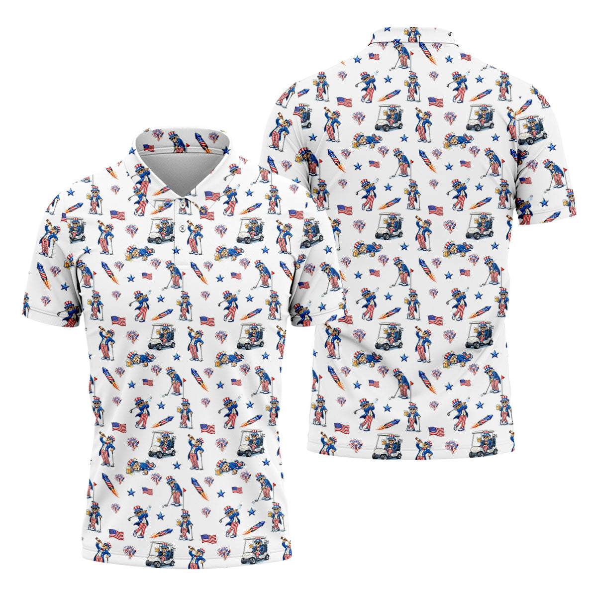 Patriotic Man Golf And Beer Funny 4th Of July White Golf Shirt, 250 Years Seamless Pattern Golf Shirts For Men