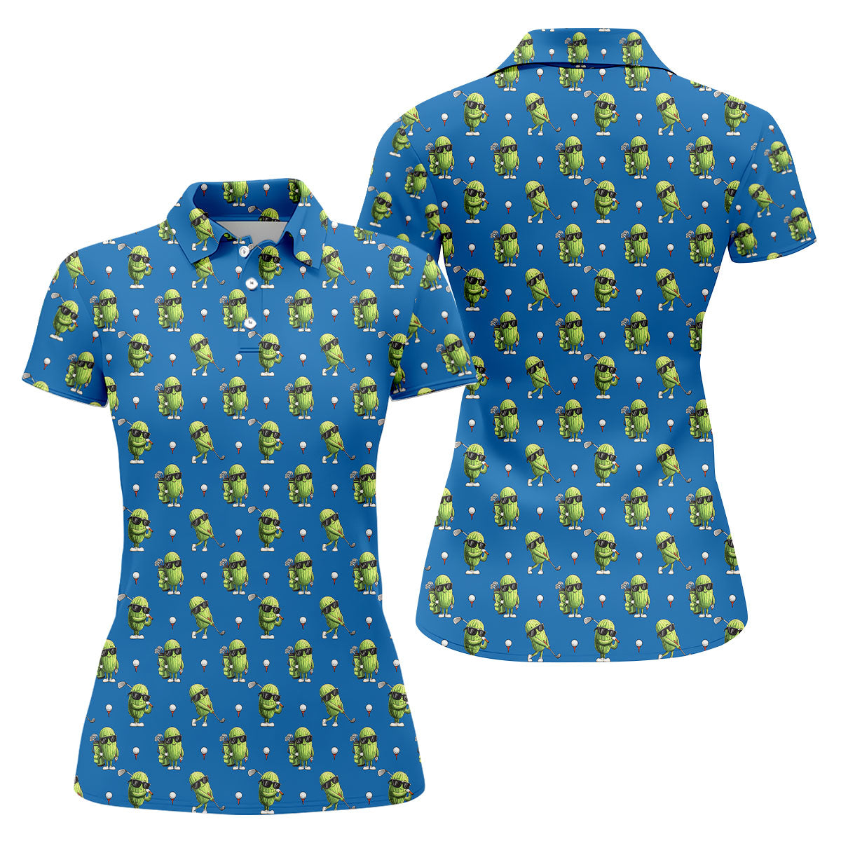 Cartoon Cactus Golfer Blue Golf Shirt, Women’s Golf Polo, Golf Tops For Women, Printed Golf Shirt