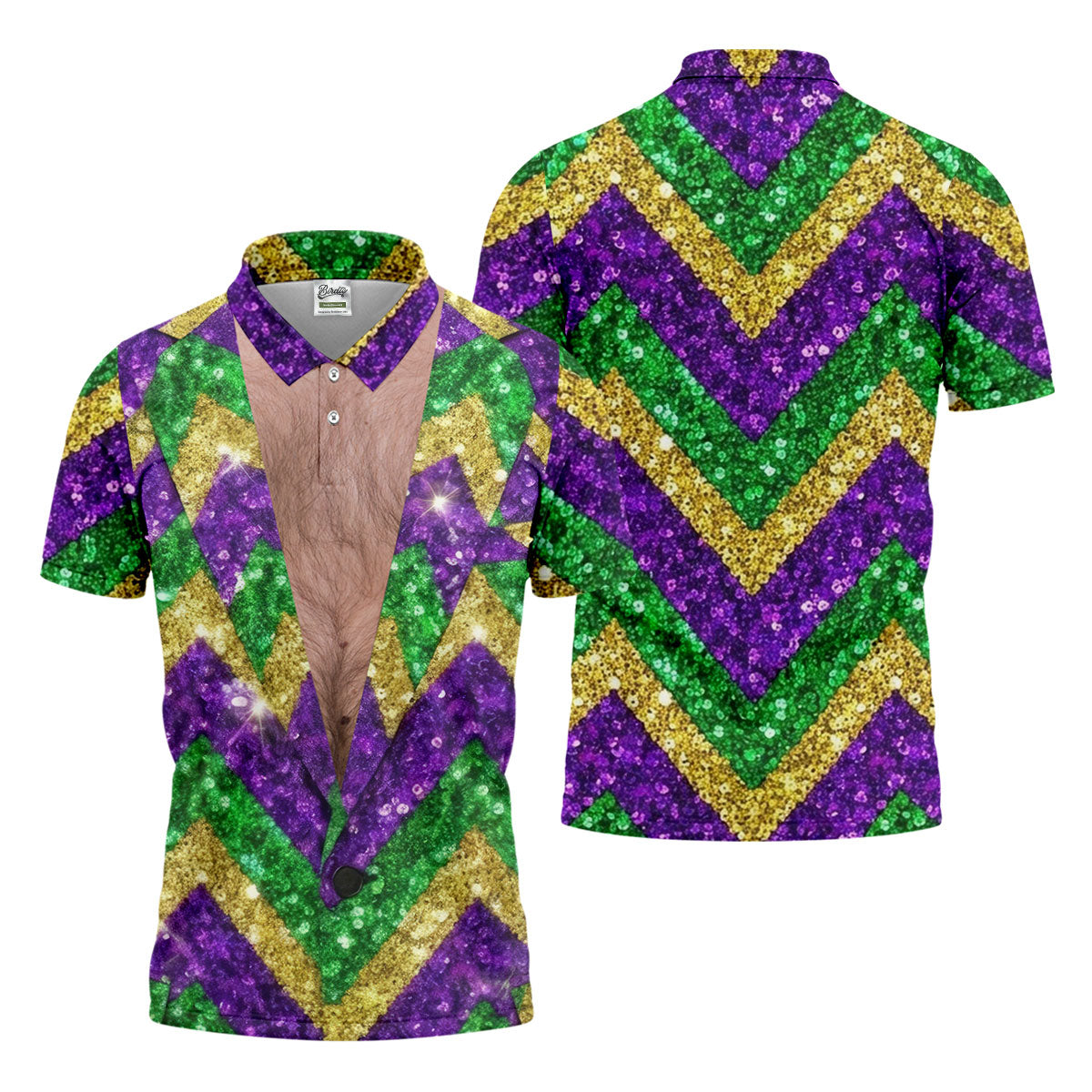 Mardi Gras Purple Green Gold Printed Sequin Zigzag Pattern Golf Shirts For Men, Men's Funny Golf Shirts