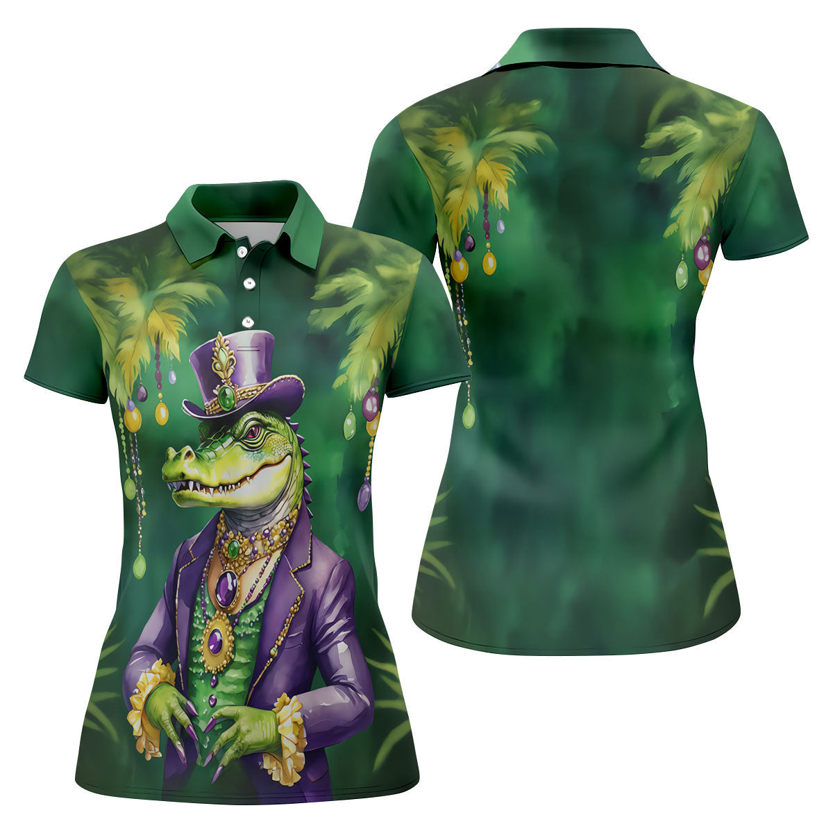 Mardi Gras Alligator Green Golf Shirt, Fun Women's Golf Shirts, Women's Golf Tops, Ladies Golf Polos