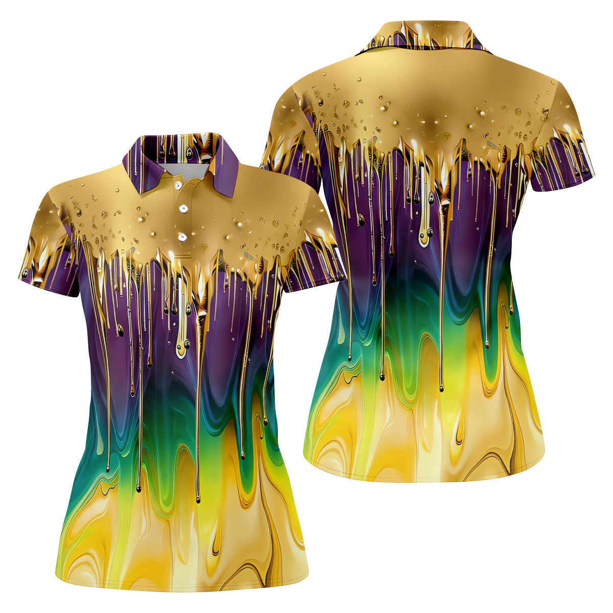 Purple Green Gold Dripping Effect Mardi Gras Golf Shirt, Women's Golf Shirts, Ladies Golf Polos