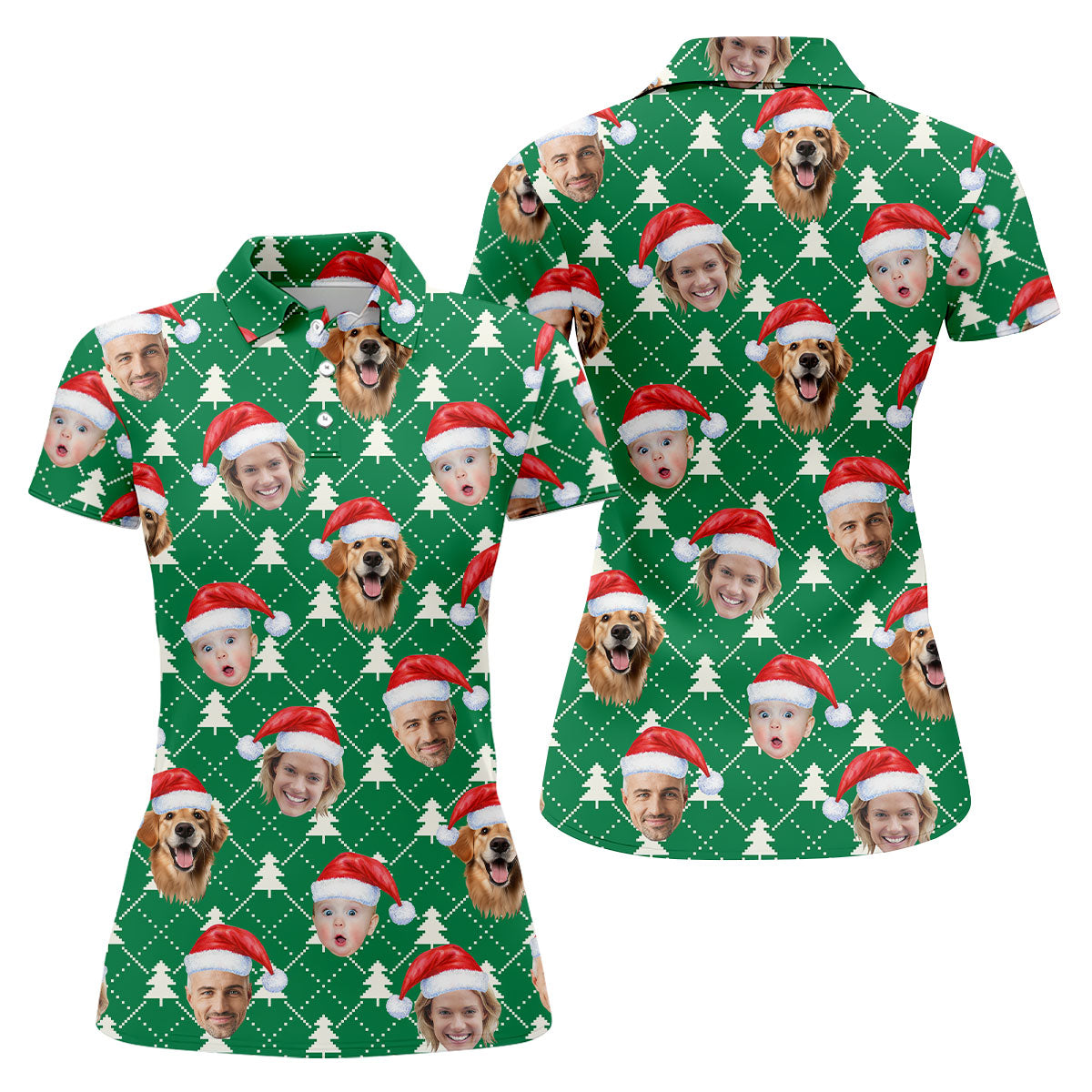 Custom Face Snow Pine Tree White Dotted Christmas Golf Shirt, Ladies Golf Shirts, Golf Gifts For Women