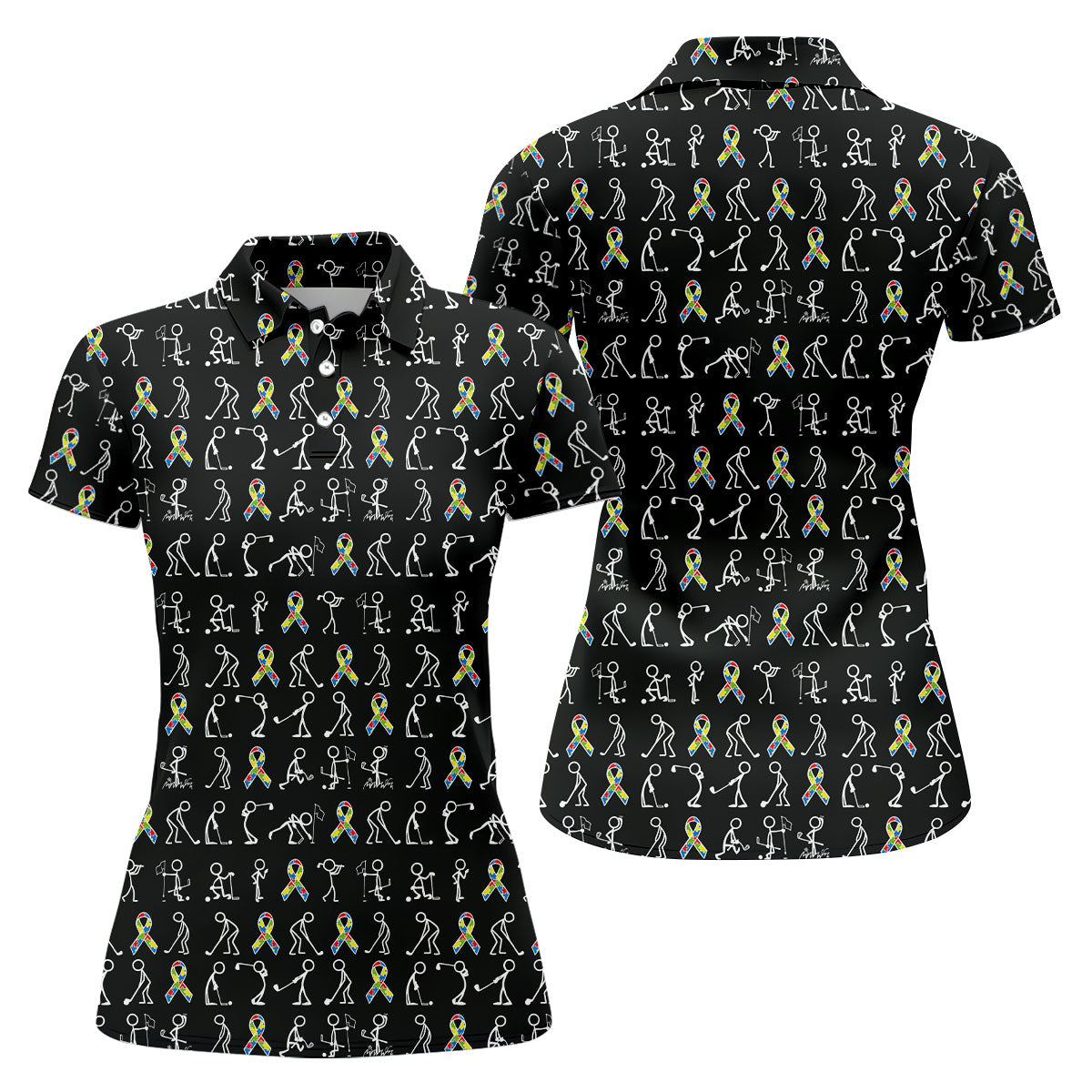 Stick Figure Golf Pose Autism Ribbon Black Golf Shirt, Autism Awareness Colors Ladies Golf Polos