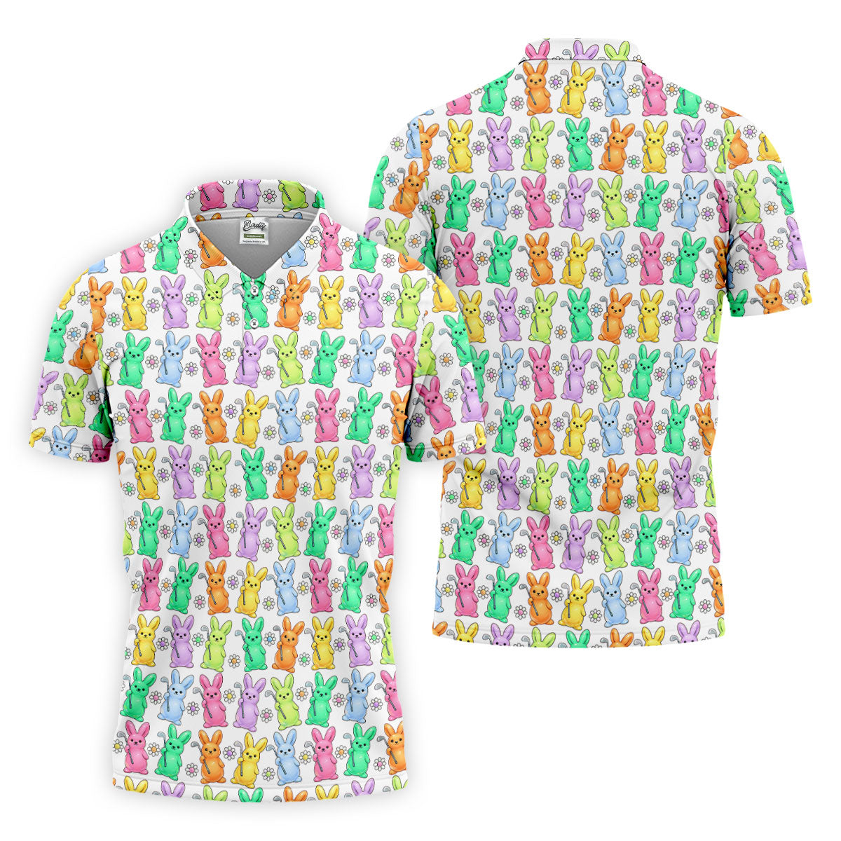 Colorful Easter Bunny White Golf Shirt, Cute Golf Outfit, Golf Shirts For Men, Golf Gift For Men