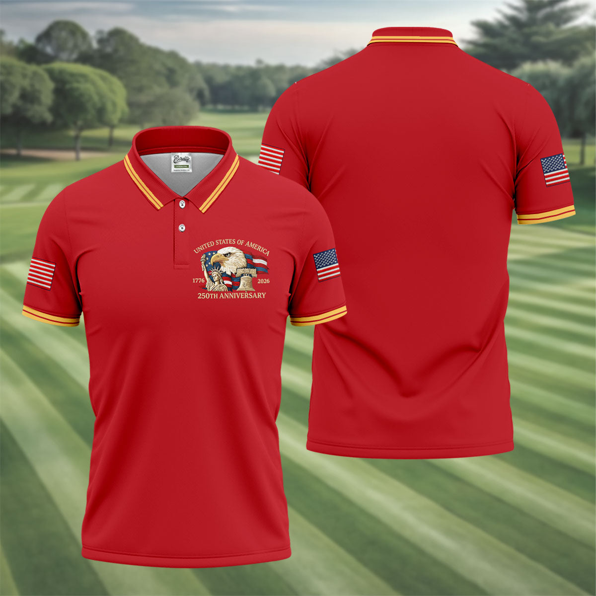 Bald Eagle American Flag 250 Years Red Golf Shirt, Patriotic 4th Of July Golf Shirts For Men