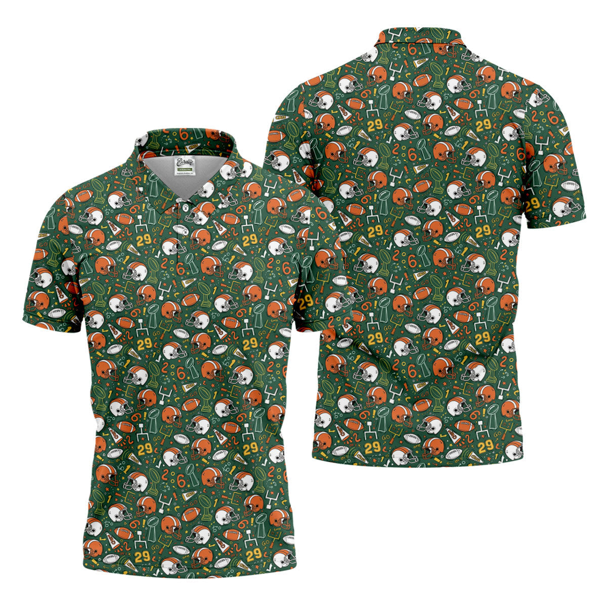 Orange And White Football Helmet Trophy Pattern Green Men Polo, Game Day Football Theme Polo For Men