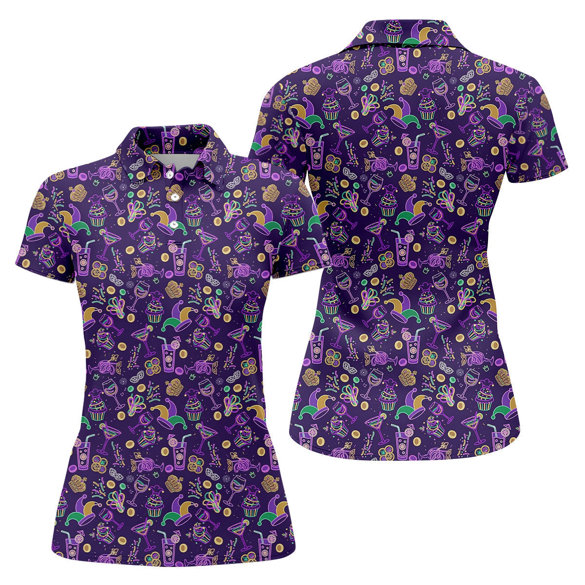 Mardi Gras Food Green Gold Purple Women's Golf Tops, Women's Golf Shirts, Ladies Golf Polos