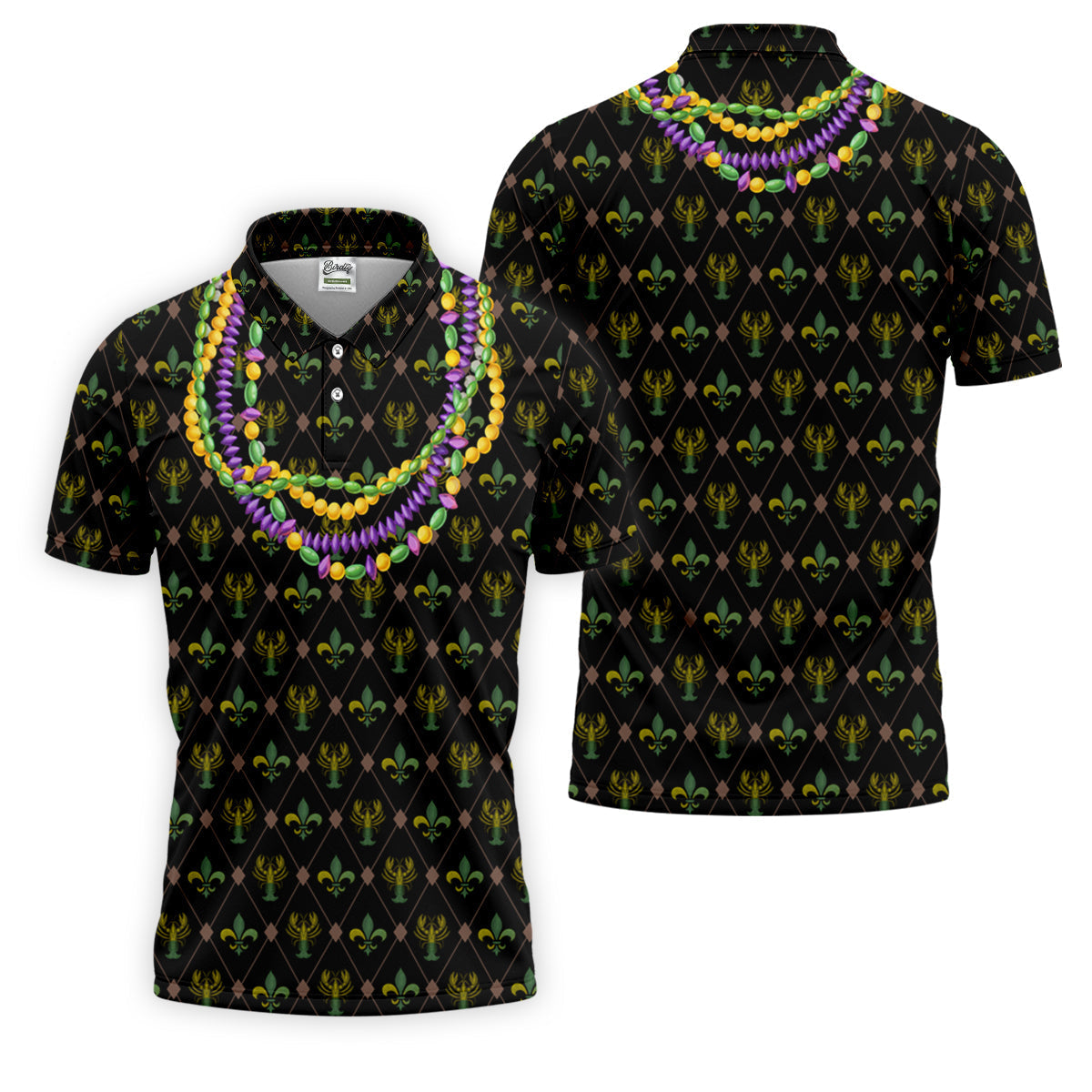 Mardi Gras Purple Green Gold Beads Chain Fleur De Lis Argyle Pattern Black Golf Shirt, Men's Golf Polo Shirts
