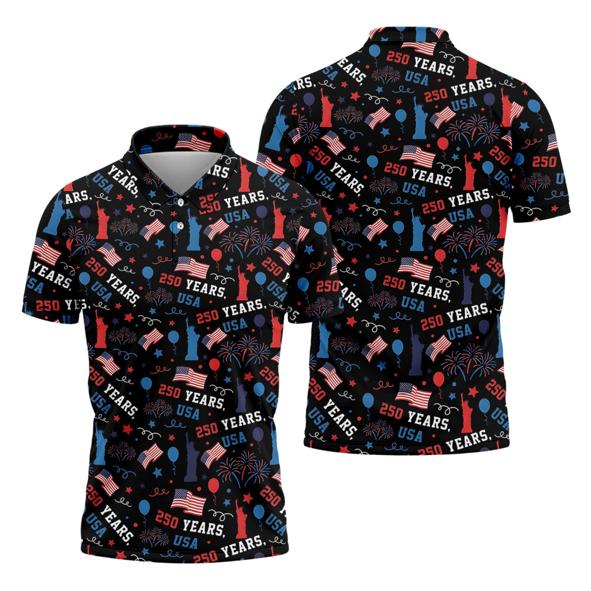 250 Years USA Red White Blue Seamless Pattern Black Golf Shirt, Patriotic 4th Of July Golf Shirts For Men