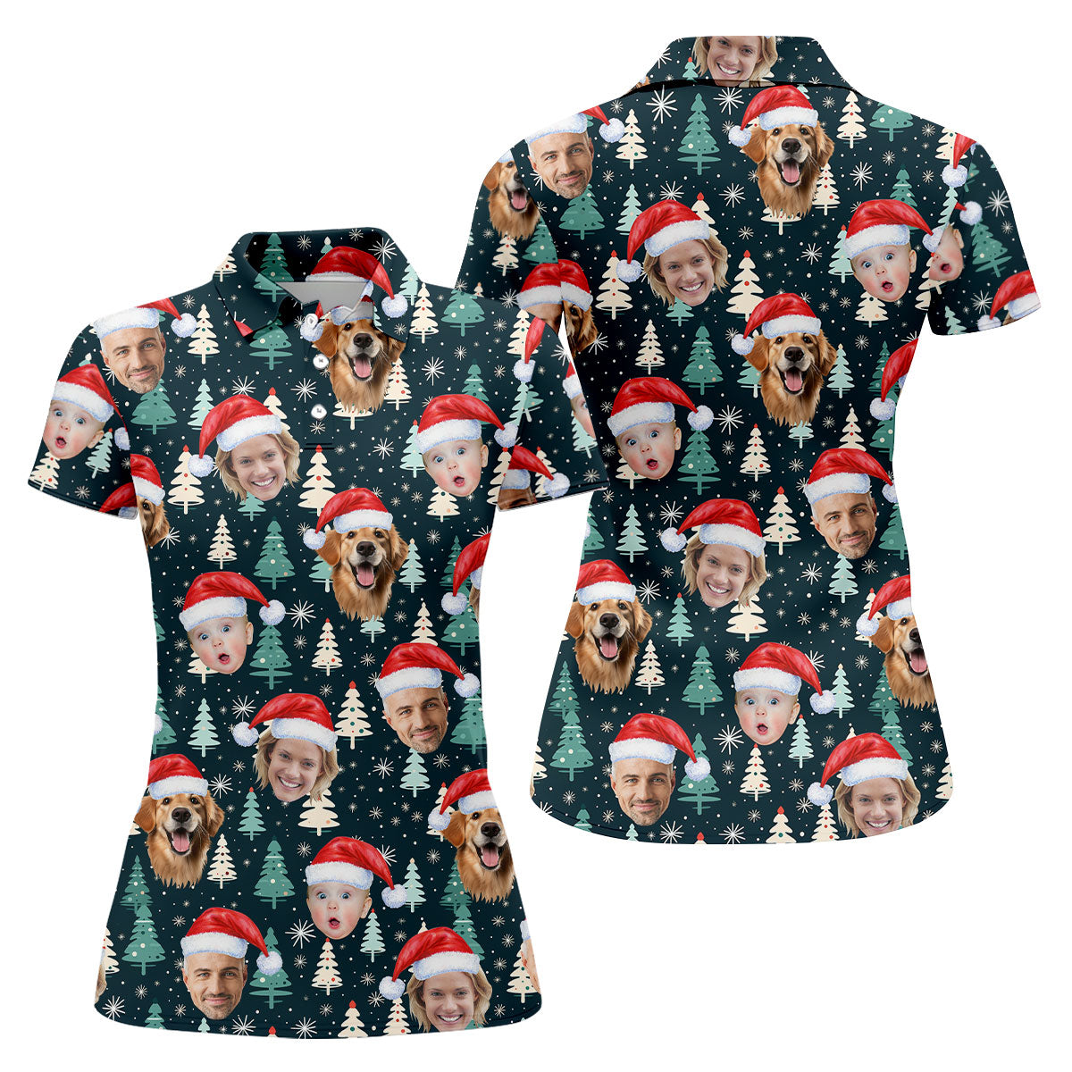 Custom Face Little Pine Tree Snowflake Pattern Christmas Golf Shirt, Women's Golf Tops, Golf Gift For Ladies