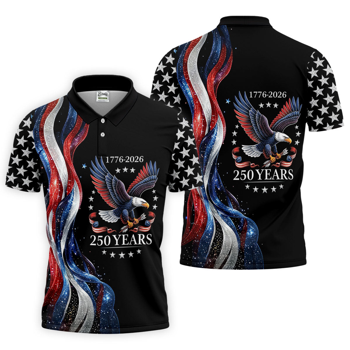 Bald Eagle Red White Blue Wavy Stripes Patriotic Golf Shirt, 250 Years 4th Of July Golf Shirts For Men
