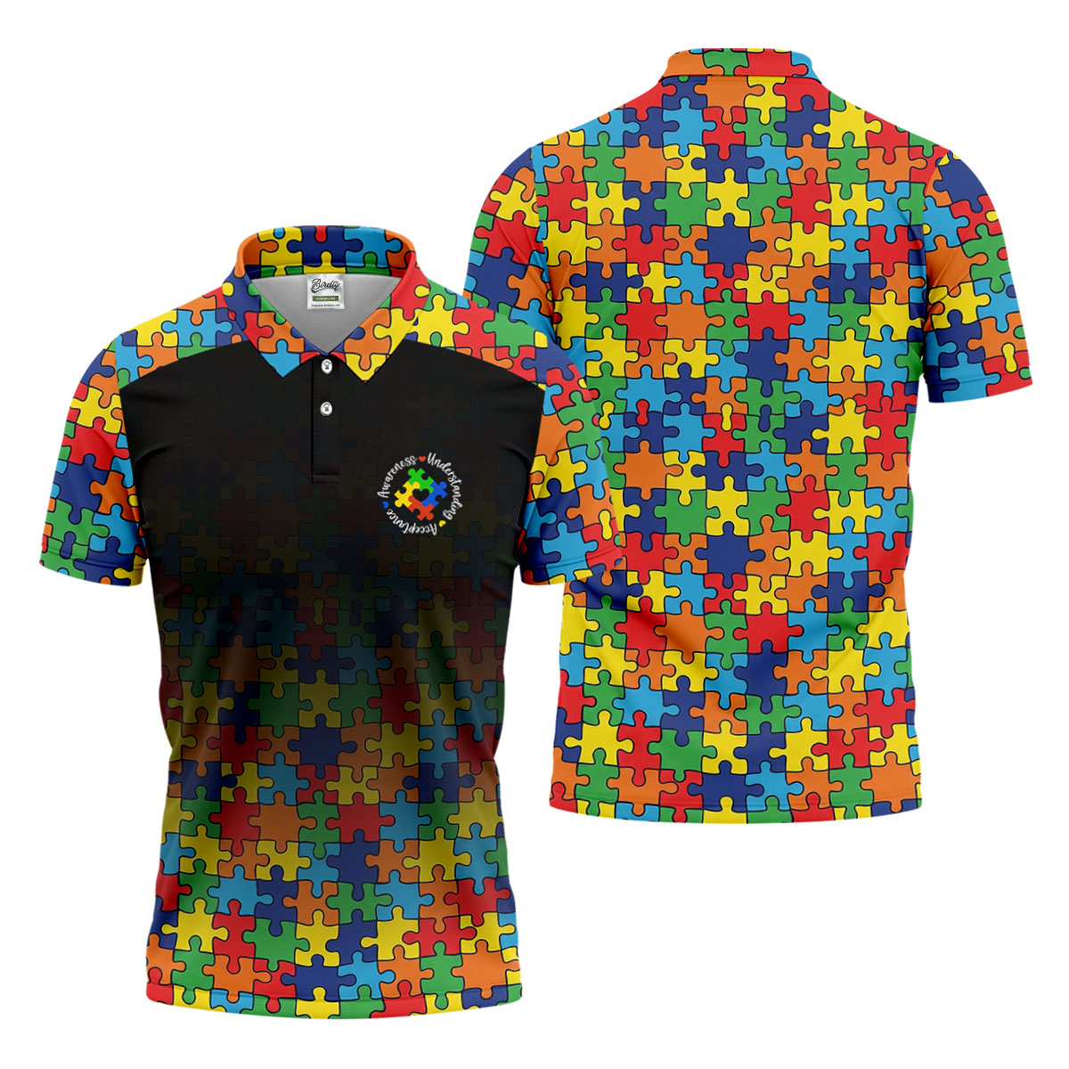 Acceptance Awareness Understanding Autism Awareness Puzzle Pattern Black Fade Golf Shirts For Men