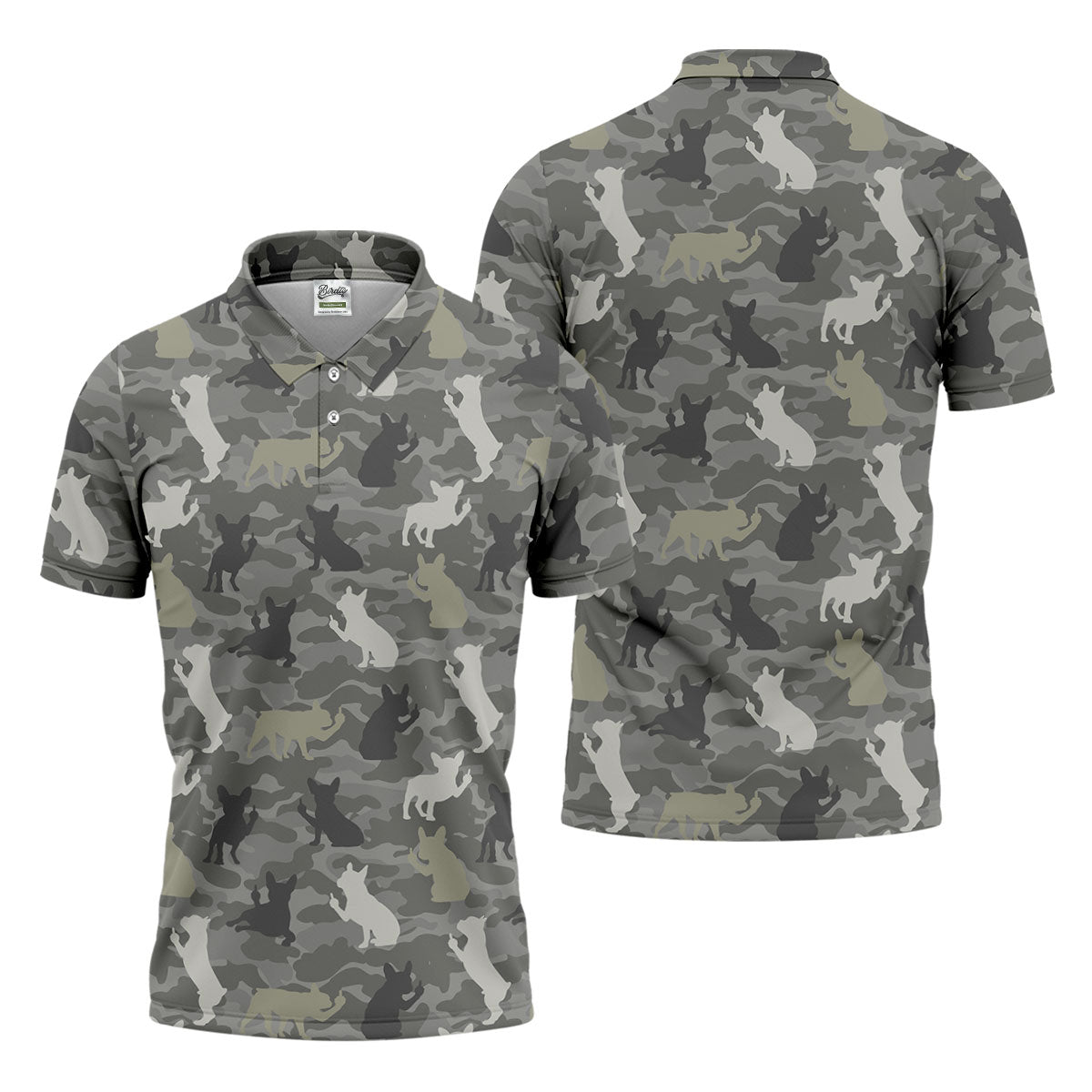 Grey Camo French Bulldog Pattern Golf Shirt, Mens Polo Shirt, Golf Shirts For Men, Performance Golf Shirt