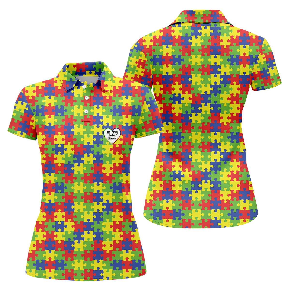 It's Okay To Be Different Autism Puzzle Women's Golf Tops, Autism Awareness Colors Ladies Golf Polos