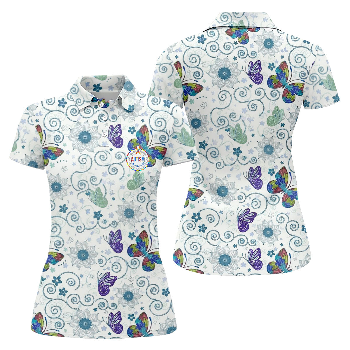 Autism Awareness Flower And Butterfly Puzzle Ribbon Golf Shirt For Women, Ladies Golf Polos
