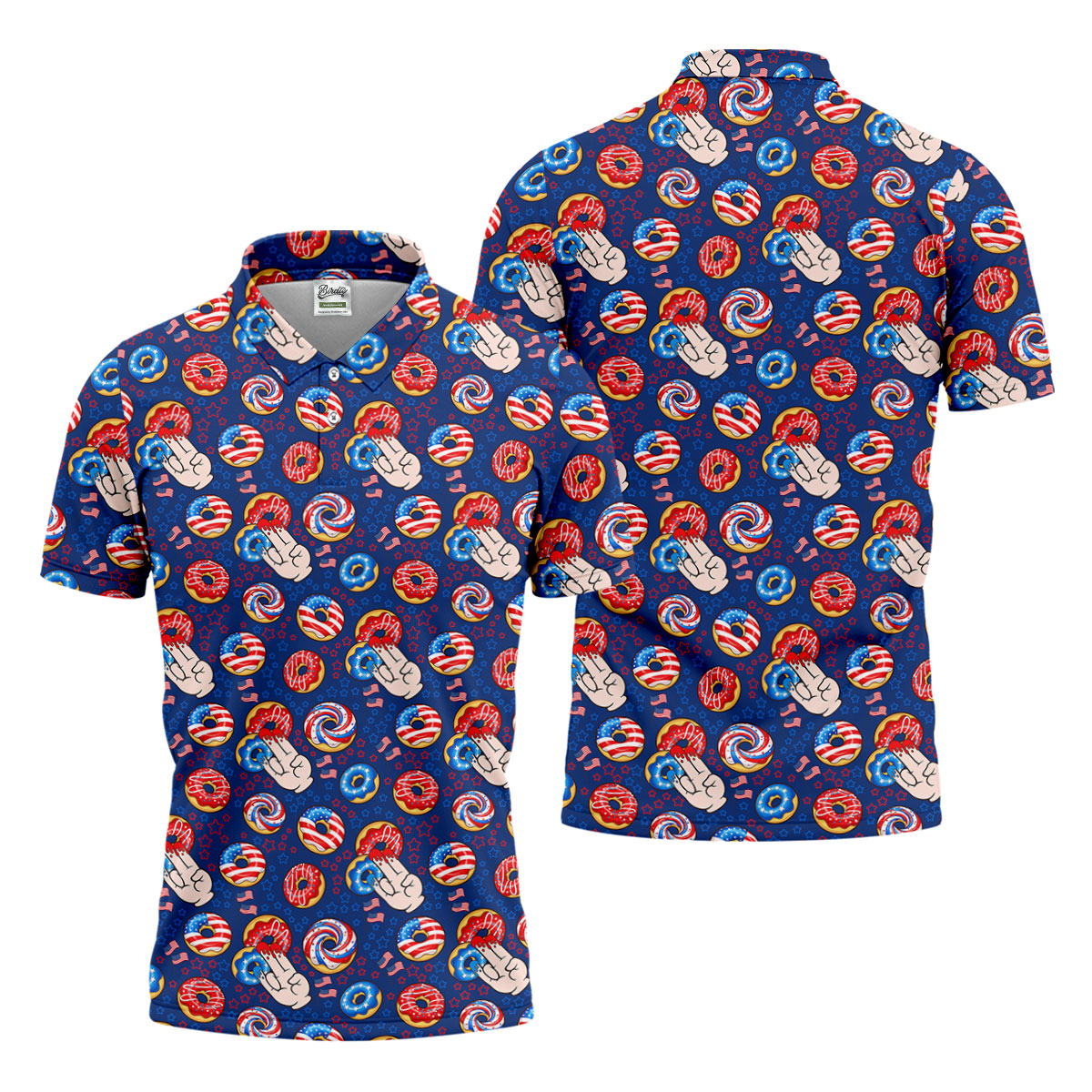 Donut Finger Funny Dirty American Flag Pattern Blue Golf Shirts For Men, 250th Anniversary Patriotic Golf Shirt