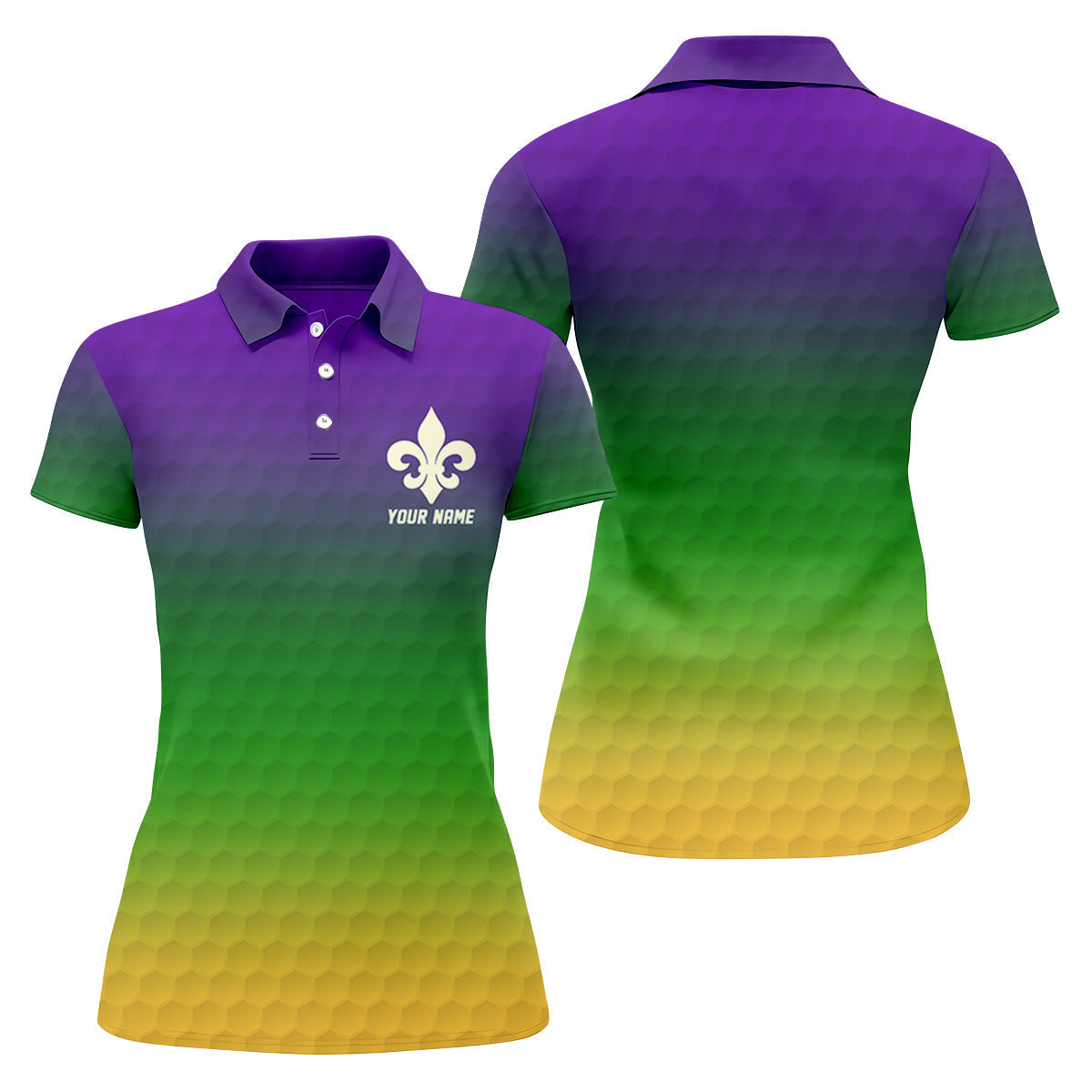 Purple Green Gold Golf Ball Pattern Mardi Gras Golf Shirt, Ladies Golf Polos, Golf Shirt For Women