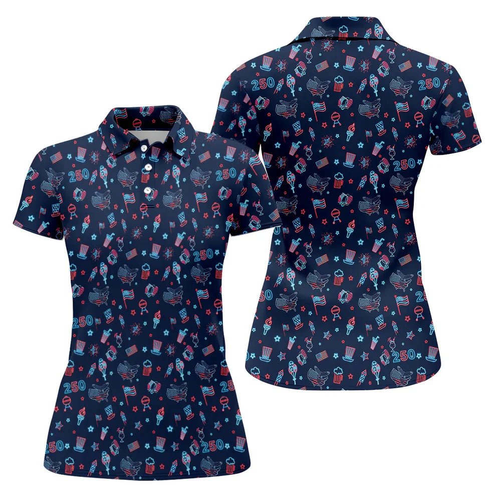 250th Anniversary Doodle Style Neon Pattern Ladies Golf Tops, Patriotic 4th Of July Golf Shirt For Women