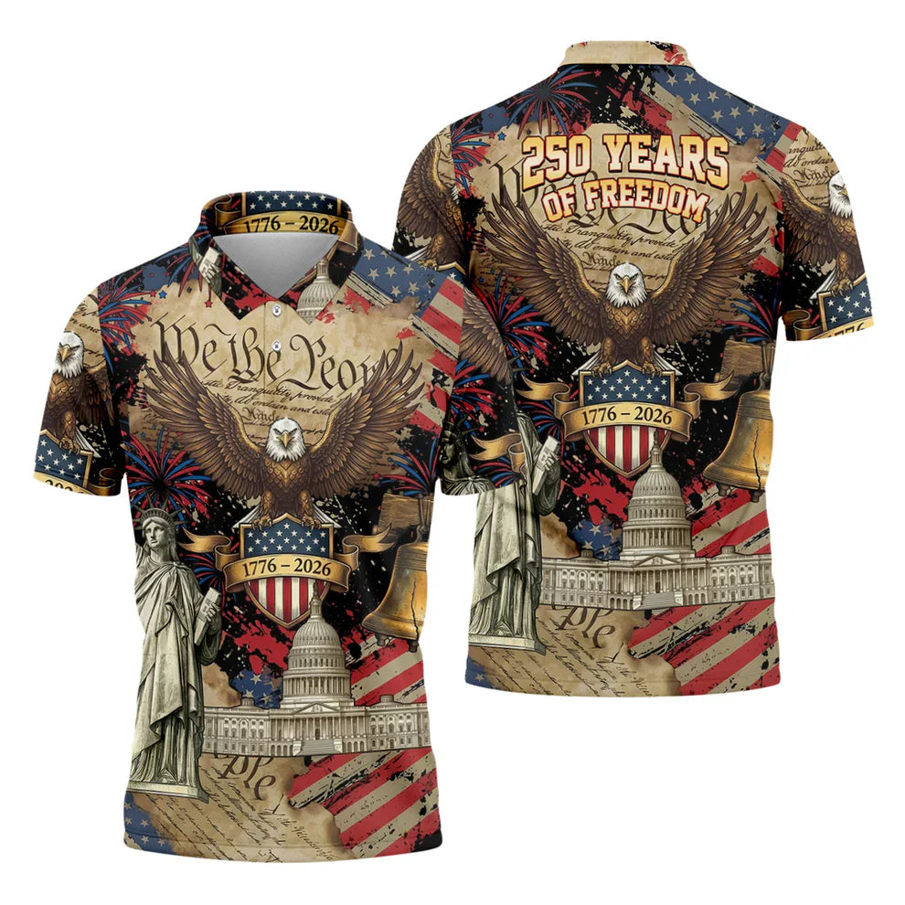 We The People Patriotic Eagle Statue Of Liberty 250 Years Golf Tops For Men, 4th Of July Golf Shirts For Men